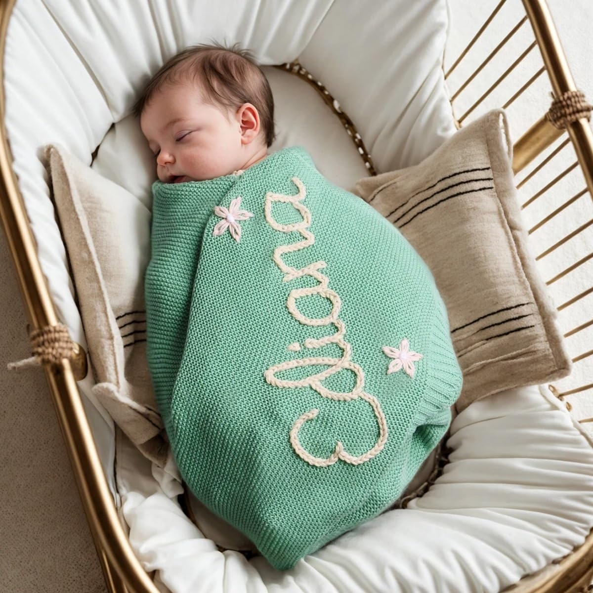 HERSTL Personalized Embroidered Name Baby Stroller Cotton Knitted Blanket