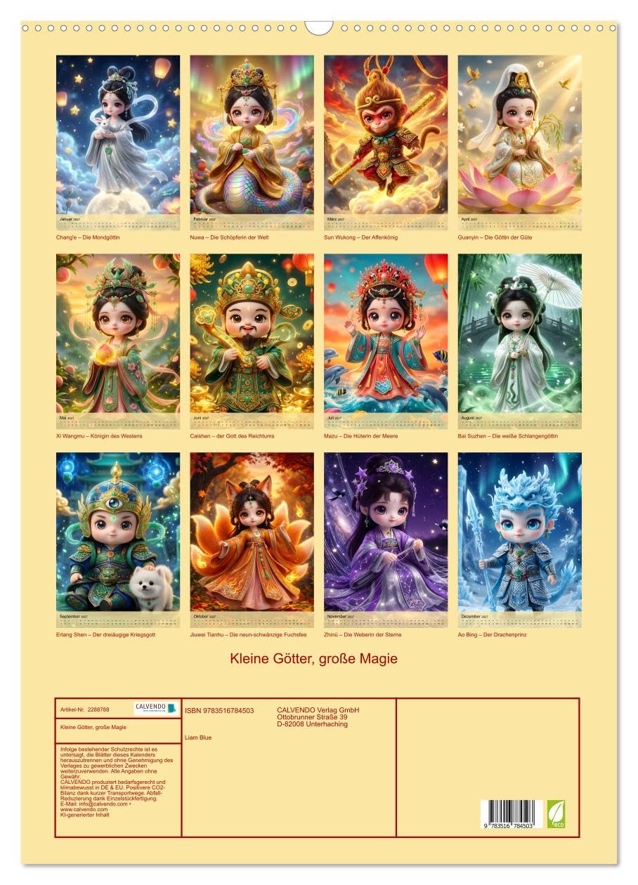 Kleine Götter, große Magie (Wandkalender 2027 DIN A2 hoch), CALVENDO Monatskalender: Chinas Sagengestalten als bezaubernde 3D-Figuren (CALVENDO Spass)