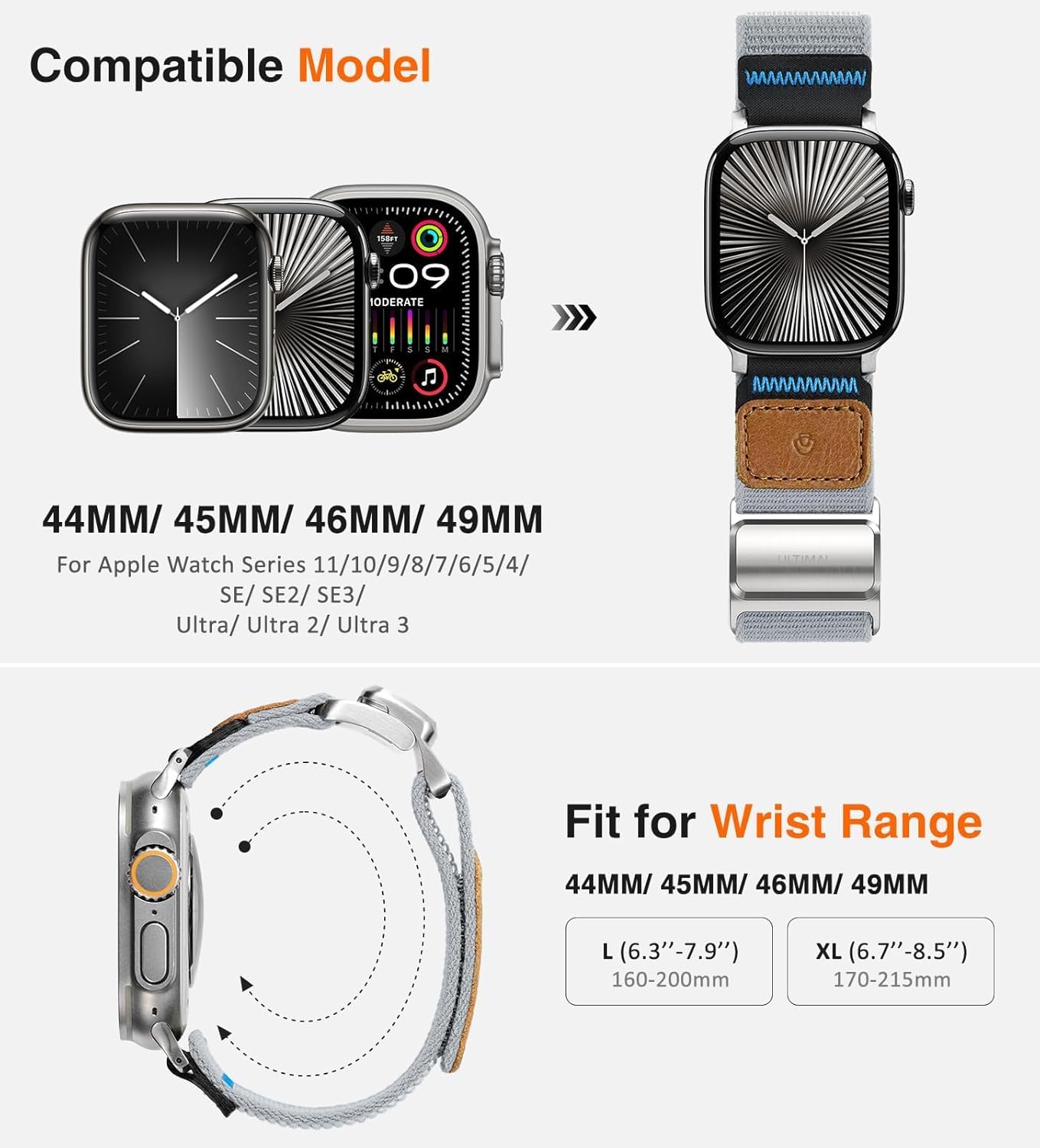 ULTIMAL Compatible with Apple Watch Ultra 3/2/1 Bands 49mm with Titanium Magnetic Clasp - Braided Stretchy Soft Nylon, Featuring Premium Full-grain (L, Grey)
