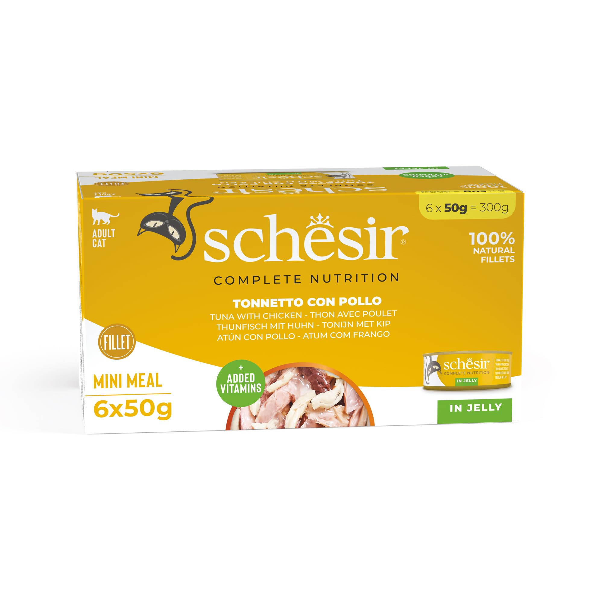 Schesir, Tonnetto con Pollo in Gelatina, 48 LAttine, Alimento Umido Completo per Gatti, con Vitamine Aggiunte, 100% filetti naturali, Cruelty-Free, 8 Confezioni da 6 x 50g