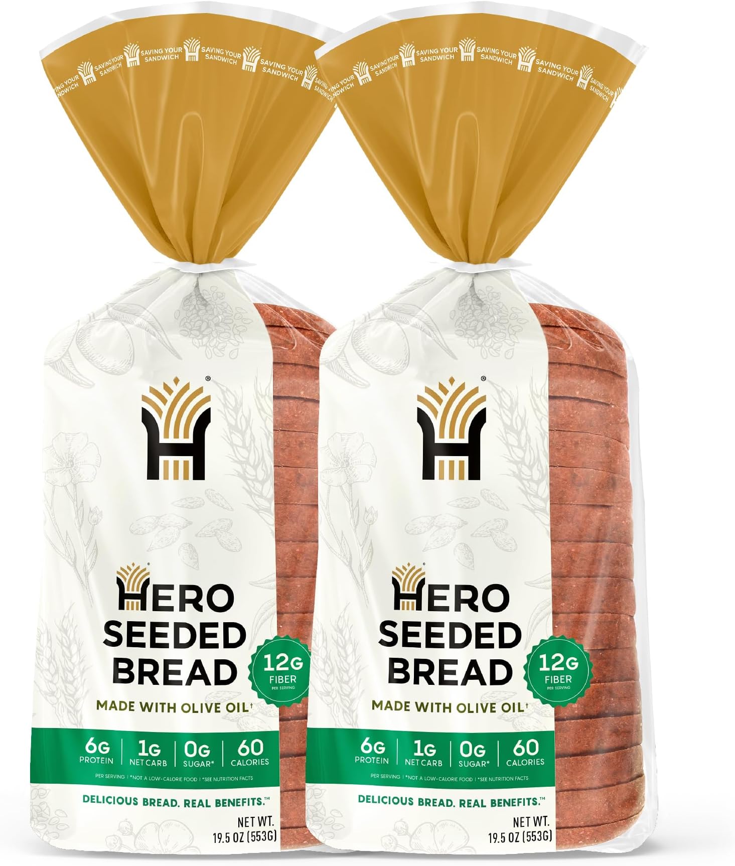 Hero Seeded Bread — Delicious Bread with 1g Net Carb, 0g Sugar, 60 Calories, 12g Fiber per Slice | Tastes Like Regular Bread | Low Carb & Keto Friendly Bread Loaf —15 Slices/Loaf, 2 Loaves