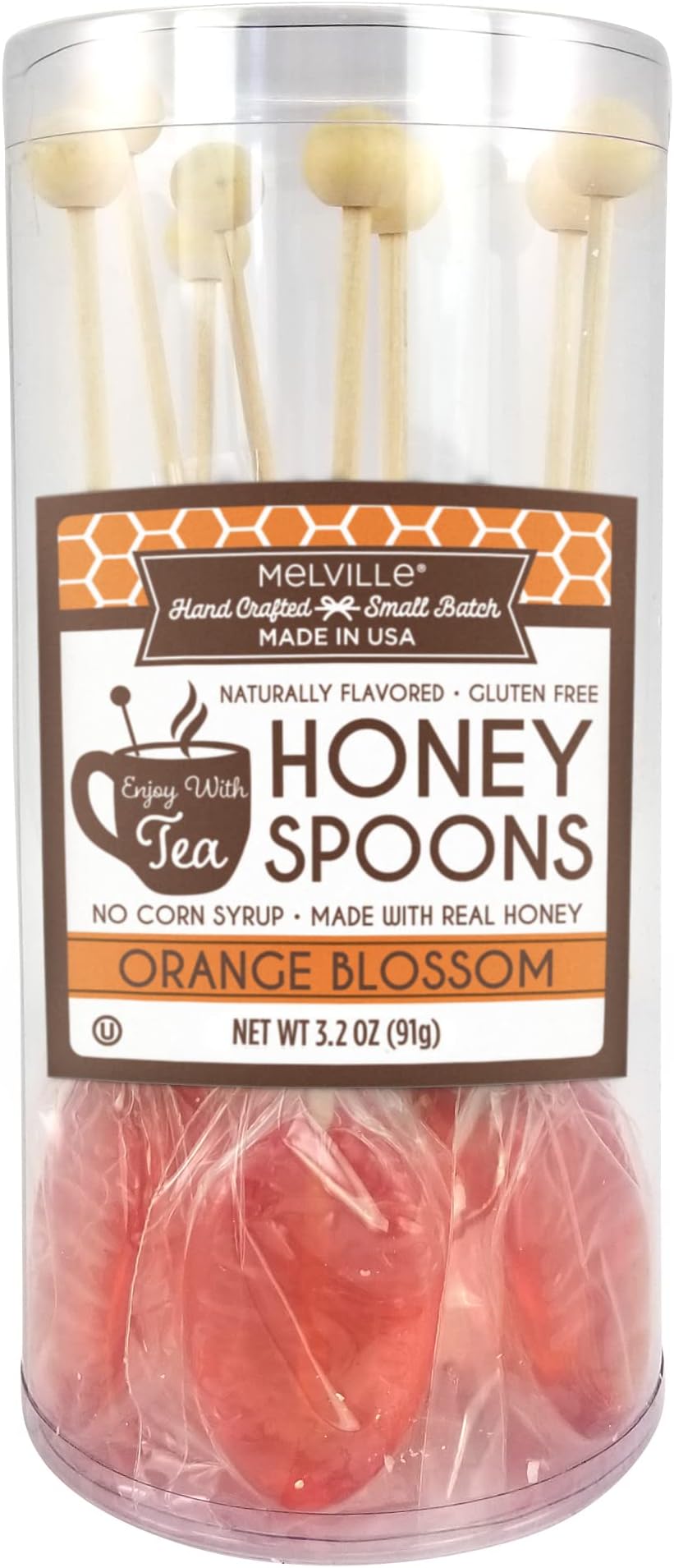 Melville Candy Orange Blossom Honey Spoons for Tea - Individually Wrapped Real Honey Tea Spoons, Perfect for All Teas (8 count)