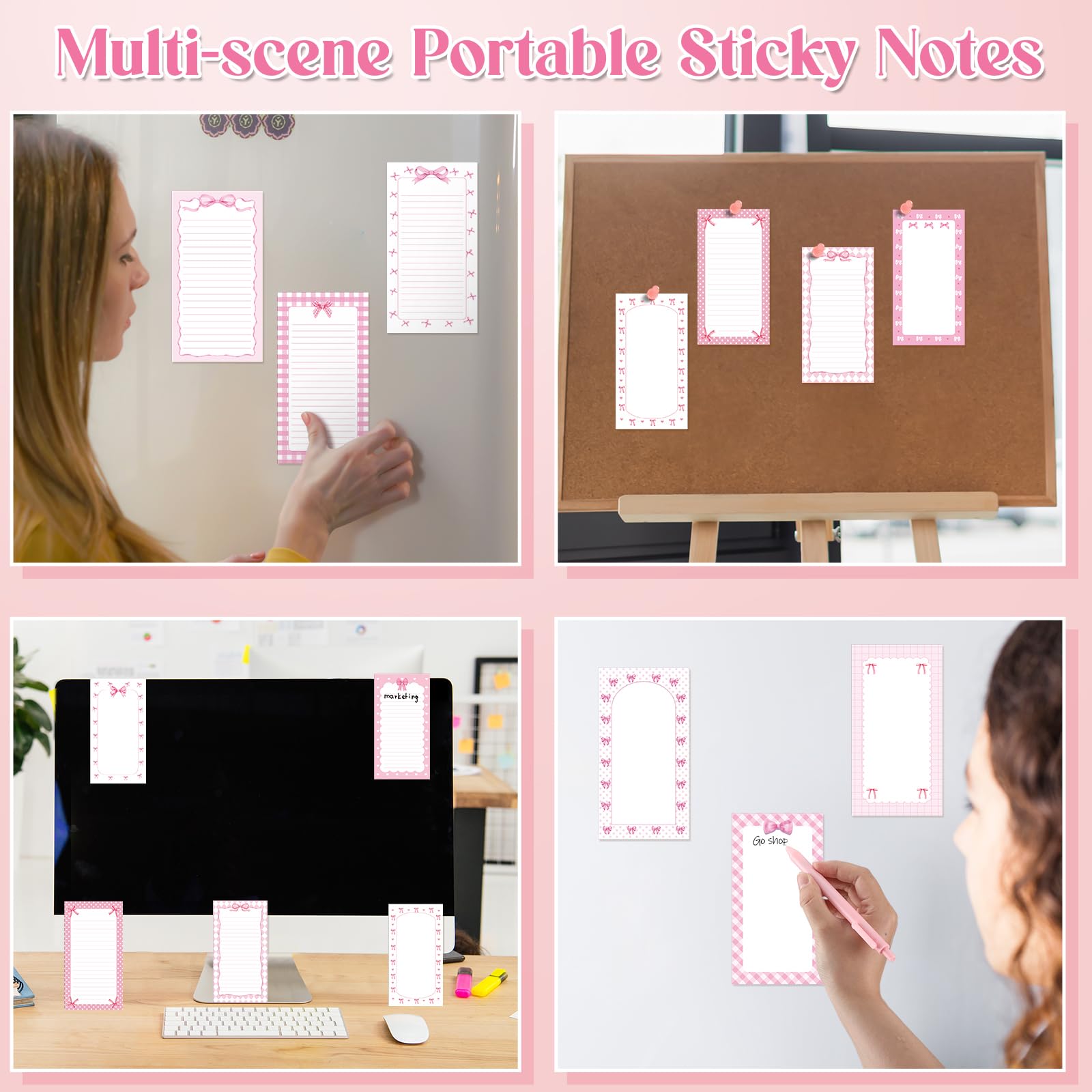 Haftnotizen und Stifte mit rosa Schleife, 48-teiliges Set, rosa Haftnotizen, adrette, ästhetische selbstklebende Notizblöcke, Kugelschreiber für Mädchen, Kokette, Schulbedarf, Schleife, Partygeschenke