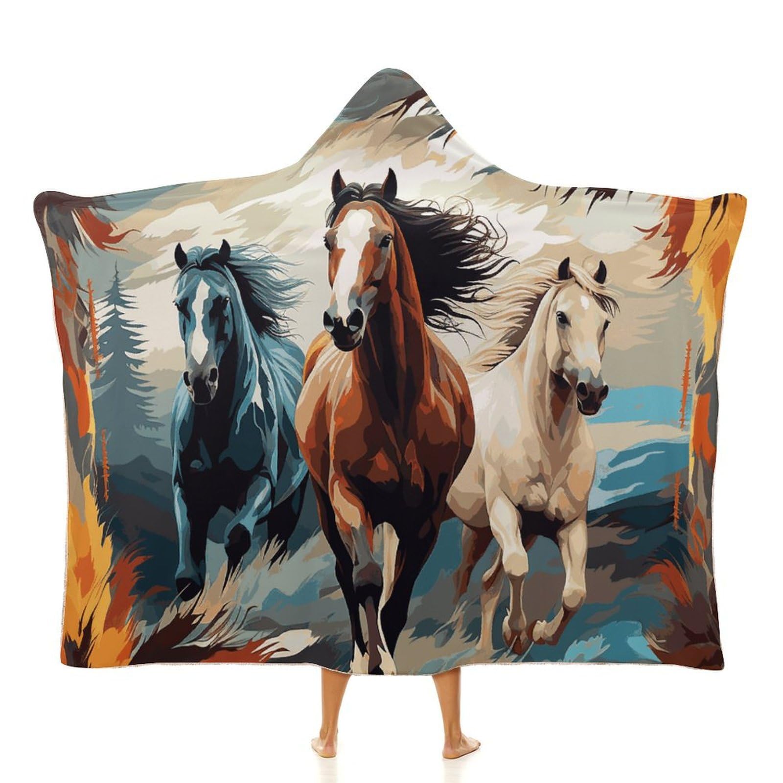 Couverture à capuche chevaux imprimé artistique cape de canapé haut de gamme