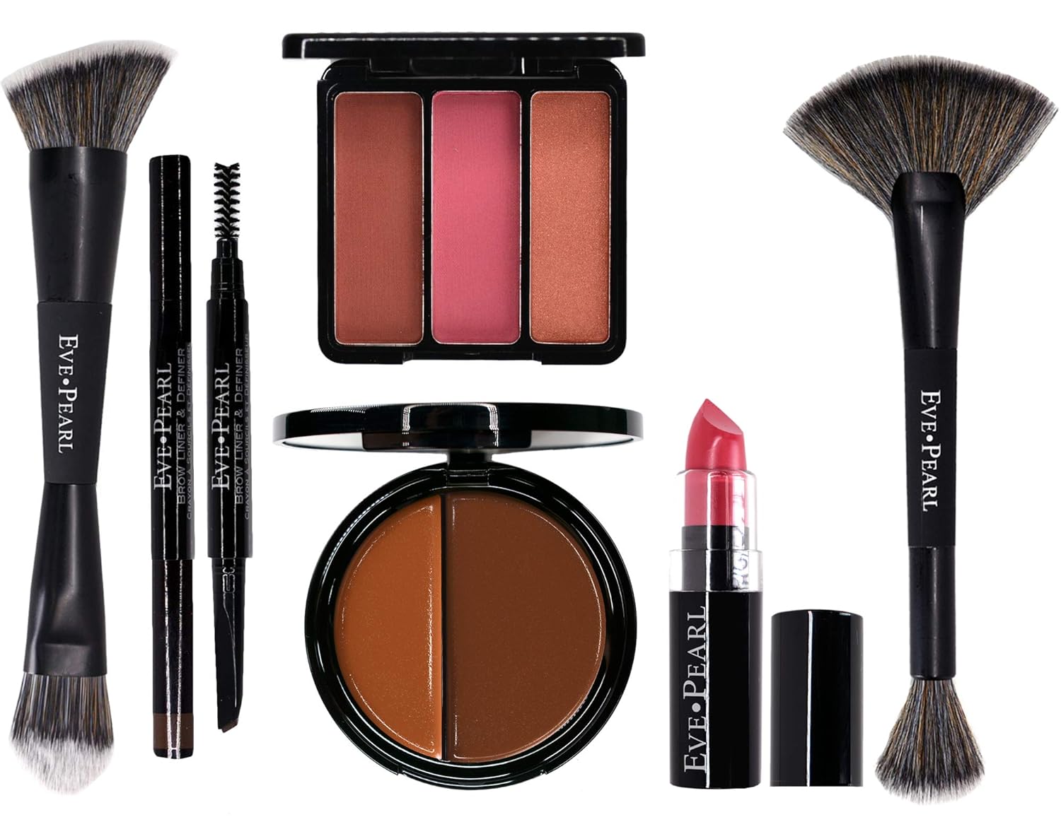 EVE PEARL 6 Pcs Beautiful Face Collection Foundation Blush Brow And Brushes All In One Set Essential Makeup Kit (Deep)