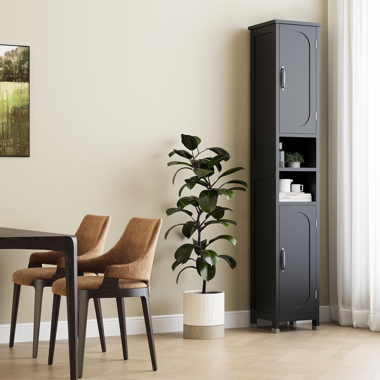 Hawkrown 67" Tall Bathroom Storage Cabinet with Lights, Slim Narrow Bathroom Cabinet Organizer with Doors and Adjustable Shelves, Tall Cabinet for Small Space (66.9" Tall-Black with Light)