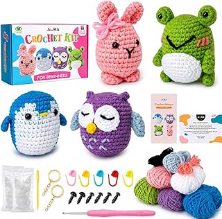 A-URA Learn to Crochet Kit for Beginners Kids and Adults, Premium 4 Animal Pattern Beginner Crochet Kits with Easy Tube Yarn & Step-by-Step Video Tutorials (Forest Friends–Standard Size)