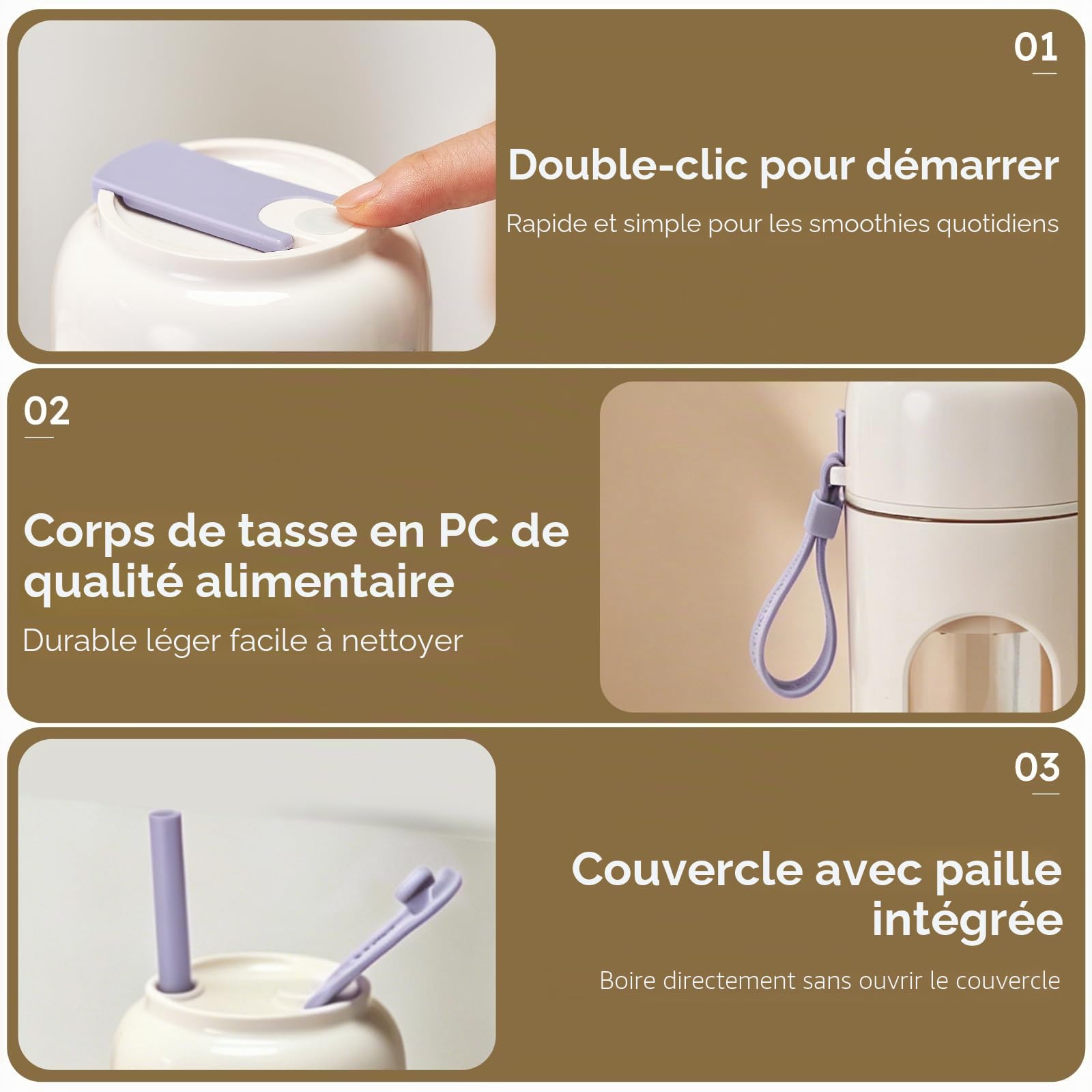 JTF Mixeur Portable pour Shakes et Smoothies,340ml Mini Blender avec 12 Lames en Acier Inoxydable,Mixeur Sans Fil et Rechargeable par Type-C,pour Maison, Bureau, Extérieur, Sports et Voyages (Violet)