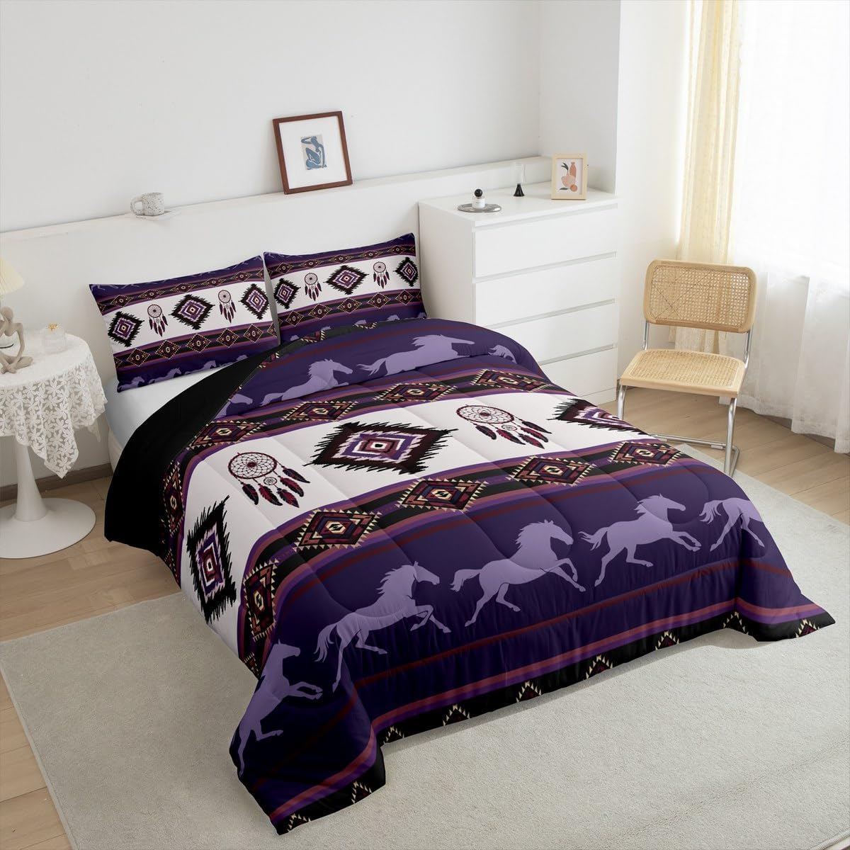 Castle Fairy Boho Aztec Bedding Sets Full Size,Southwest Native Tribal Exotic Reversible Down Comforter Breathable Polyester Quilt Set,American Ethnic Purple Horse Duvet Insert,2 Pillowcases