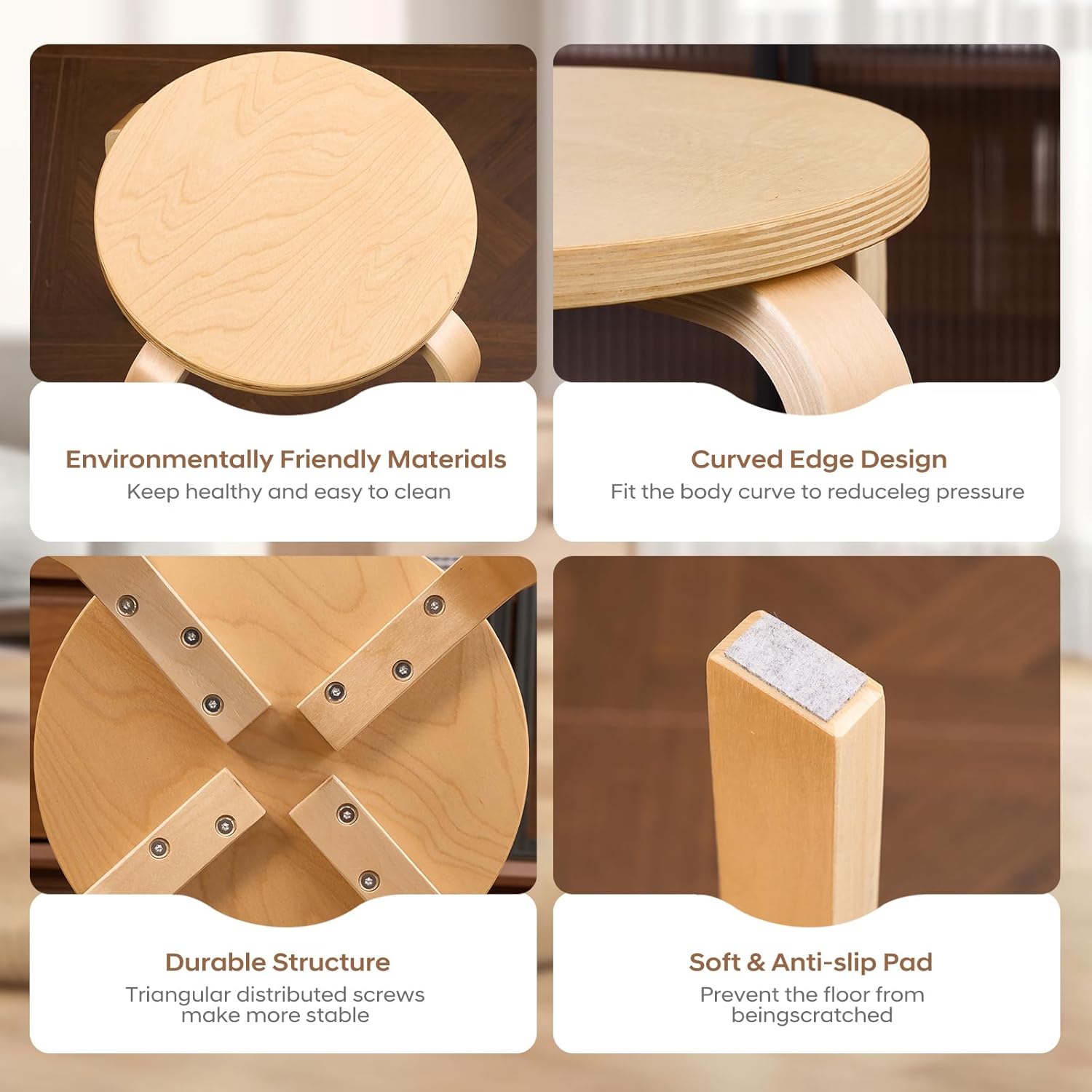 Stackable Bentwood Stool Set of 6，18" Round Stacking Backless Nesting Stools，Anti-Slip Felt Pad,Portable School Stool，Suitable for classrooms, Dining Rooms, Kitchens，Birch