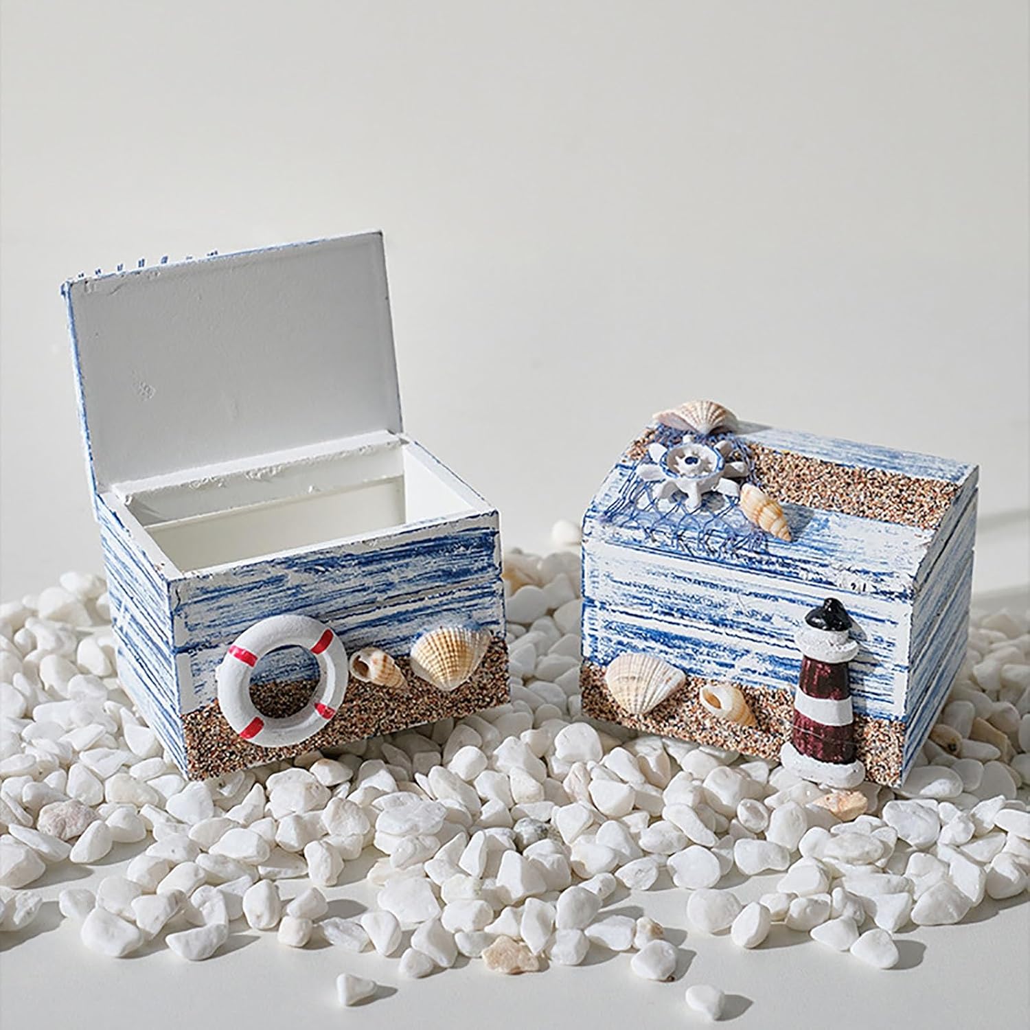Coastal Wooden Trinket Box, Handcrafted Nautical Trinket With Anchor And Starfish, Cute Wood Box With Starfish And Shells Decor, Jewelry Storage Organizer(A)
