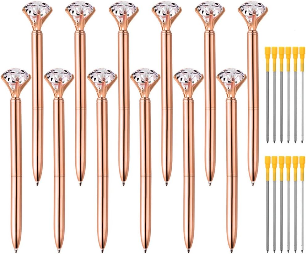 Zealor 12 Pieces Big Diamond Crystal Ballpoint Pens and 12 Pieces Ballpoint Pen Refills, Black Ink (Rose Gold)