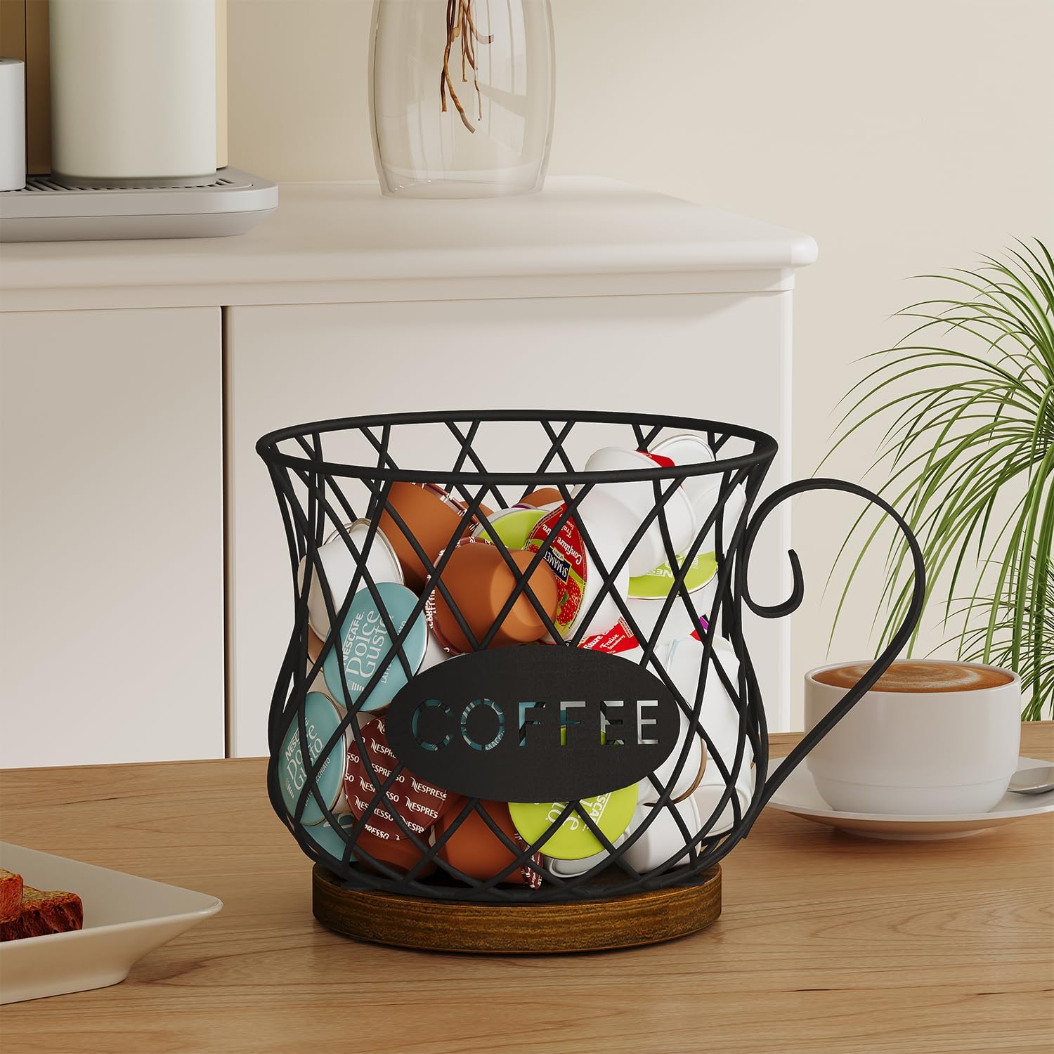 YINMIT K Cup Holder Organizer, Rustic Coffee Pod Holder Organizer, 35 Kcup Holder for Counter with Handle，Large Capacity Black Wire Coffee Capsule Basket for Kitchen Office Desktop (Circular Grid)