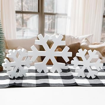 Christmas Decor-Christmas Decorations Indoor-3PCS Wooden Snowflake Decor-Winter White Standing Farmhouse Snowflake for Home Table Mantle Fireplace Decor