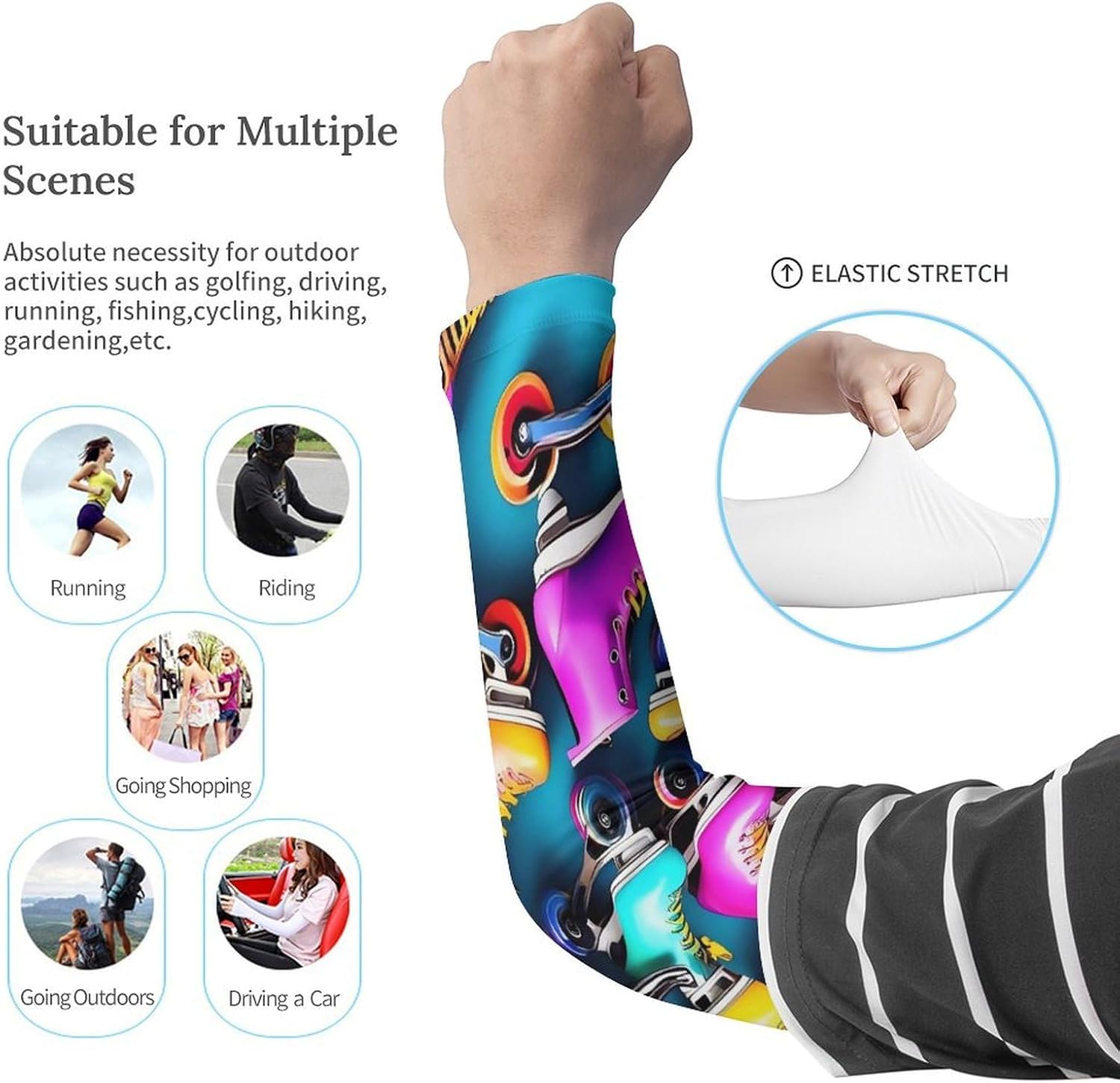 Cooling Arm Sleeves for Men Women Compression Arm Sleeve Colorful Roller Skates UV Sun Protection Arm Sleeves