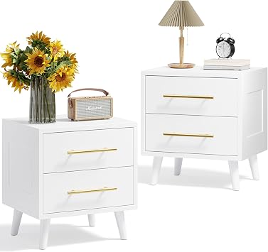 Aiho Nightstand Set of 2, Bedside Table Set Wood White Nightstand