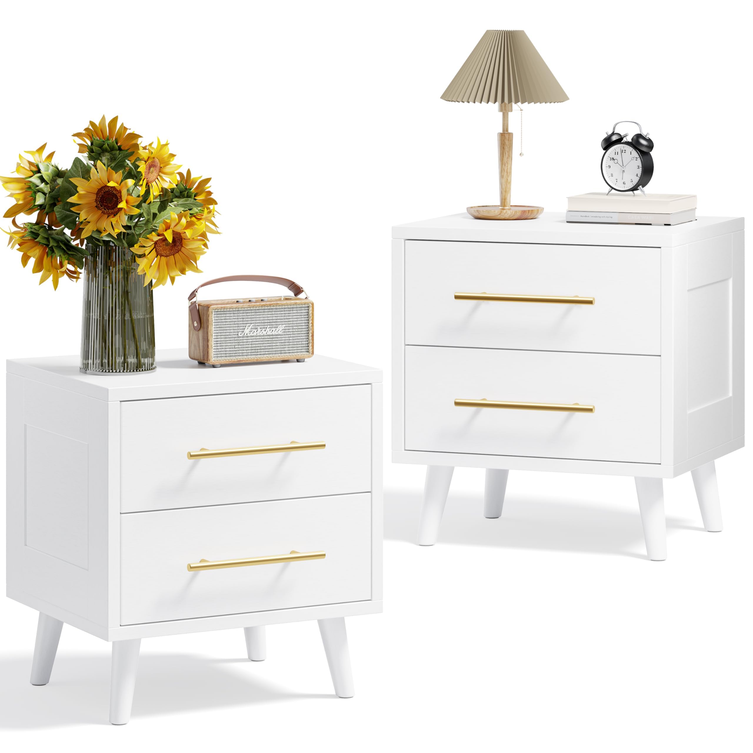 Aiho Nightstand Set of 2, Bedside Table Set for Bedroom, Wood White Nightstand with Metal Handles 2 Storage Drawers, White