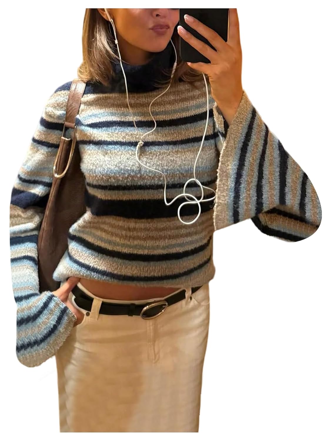 GORGLITTER Womens Turtleneck Neck Cropped Fuzzy Sweater Y2k Striped Bell Long Sleeve Color Block Pullover Sweaters