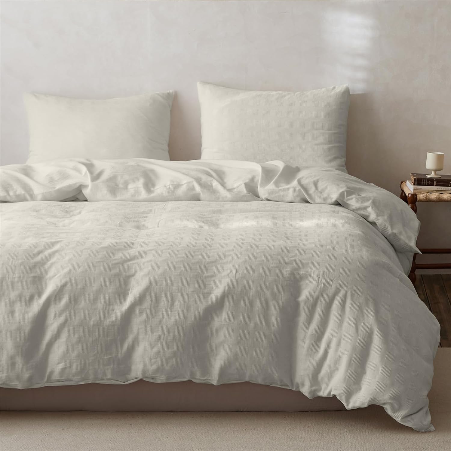 BISELINA 100% Cotton Duvet Cover Set Waffle Weave 2PCS (1 Comforter Cover, 1 Pillow Sham) Reversible Soft Skin-Friendly Breathable Shabby Chic Bedding for All Season - Cream Grey, Twin Size