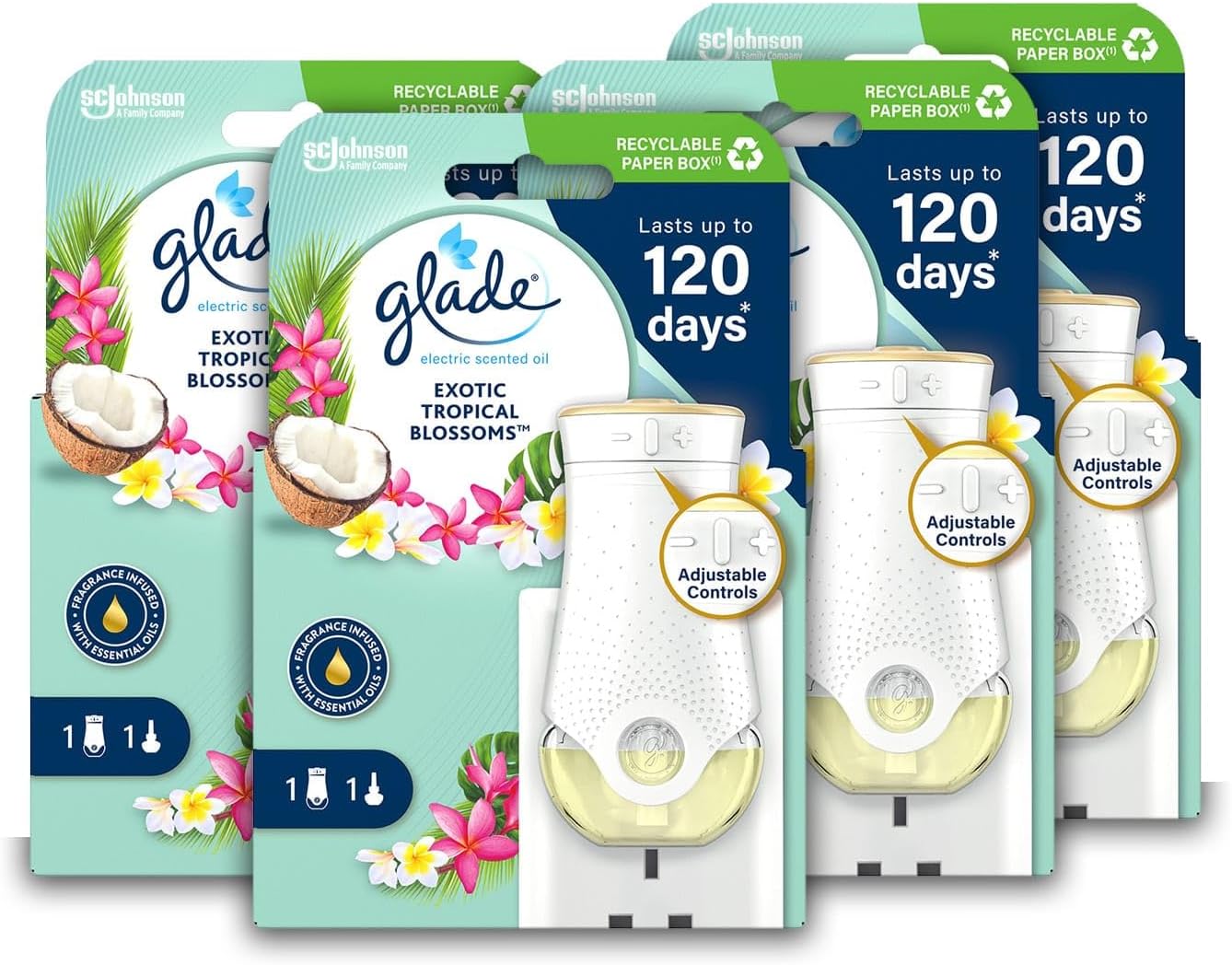 – Plug in Air Freshener Holder and Refill, Electric Scented Oil Room Air Freshener, Tropical Blossoms, Pack of 4 Starter Kits, (4 x Holder and 4 x 20 ml Refill)
