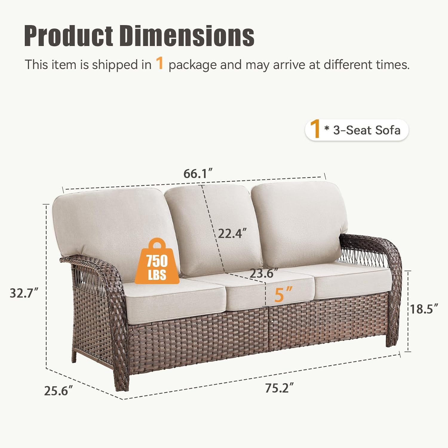 75'' Outdoor Patio Couch Wicker Sofa, All Weather Rattan 3 Seater Sofa High Back Couch with Deep Seating and Removable Cover, Outdoor Patio Furniture for Deck Porch Sunroom Backyard, Beige