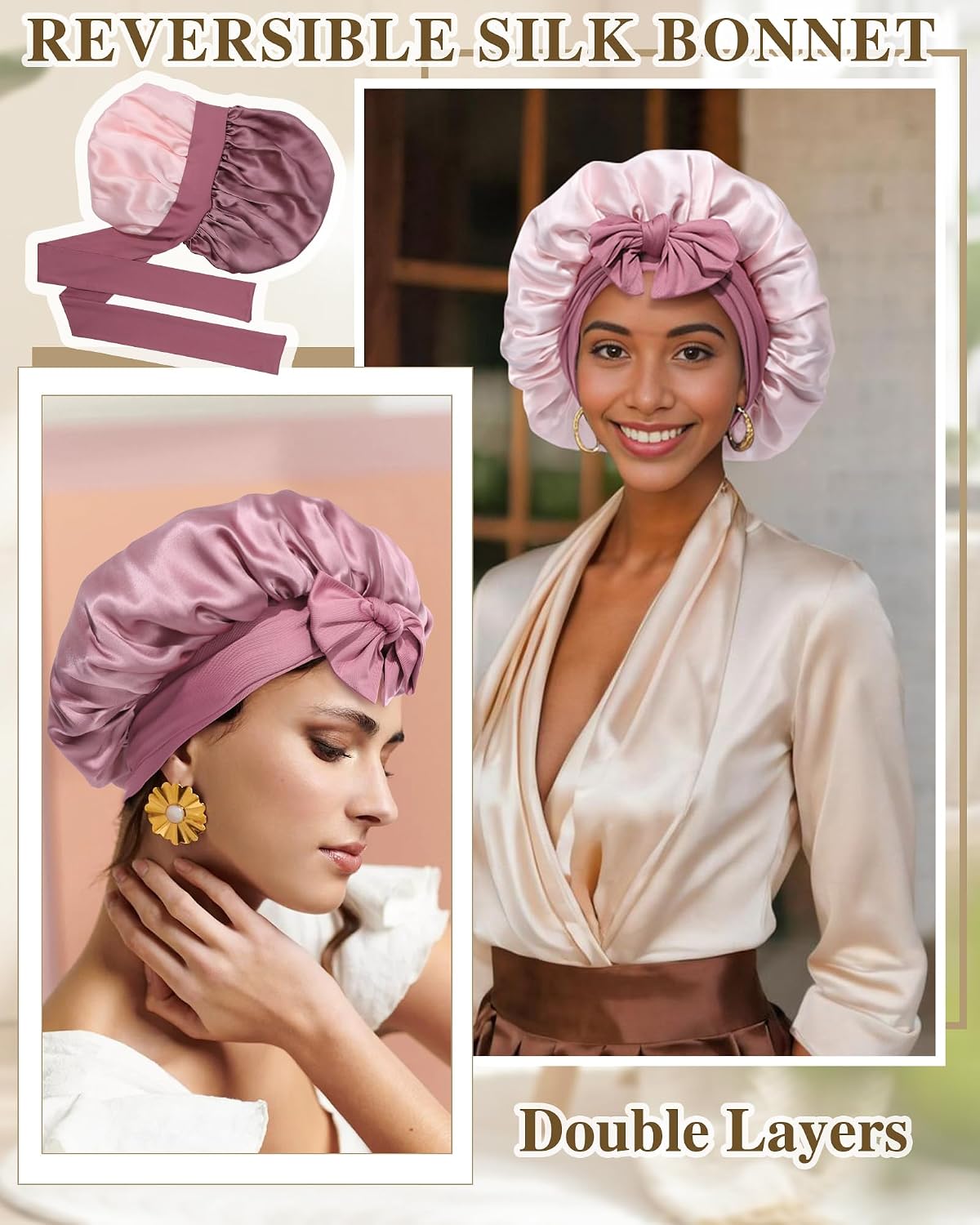 Silk Bonnet for Sleeping 100% Mulberry Women Double Layer Sleep Cap with Adjustable Elastic Band Silk Hair Wrap