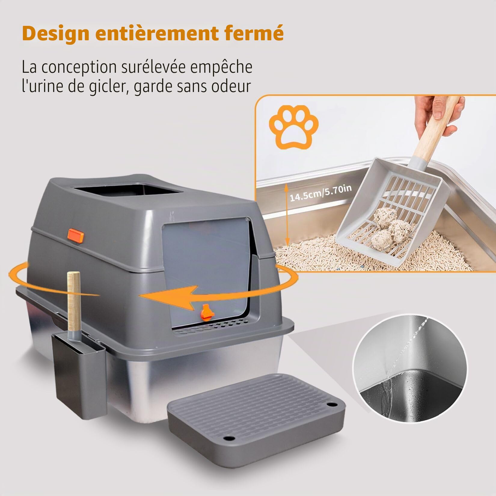 Bac a Litière pour Chat en Acier Inoxydable, Maison de Toilette XXL Anti Odeur avec Couvercle - Caisse Litière pour Chats avec Pelle