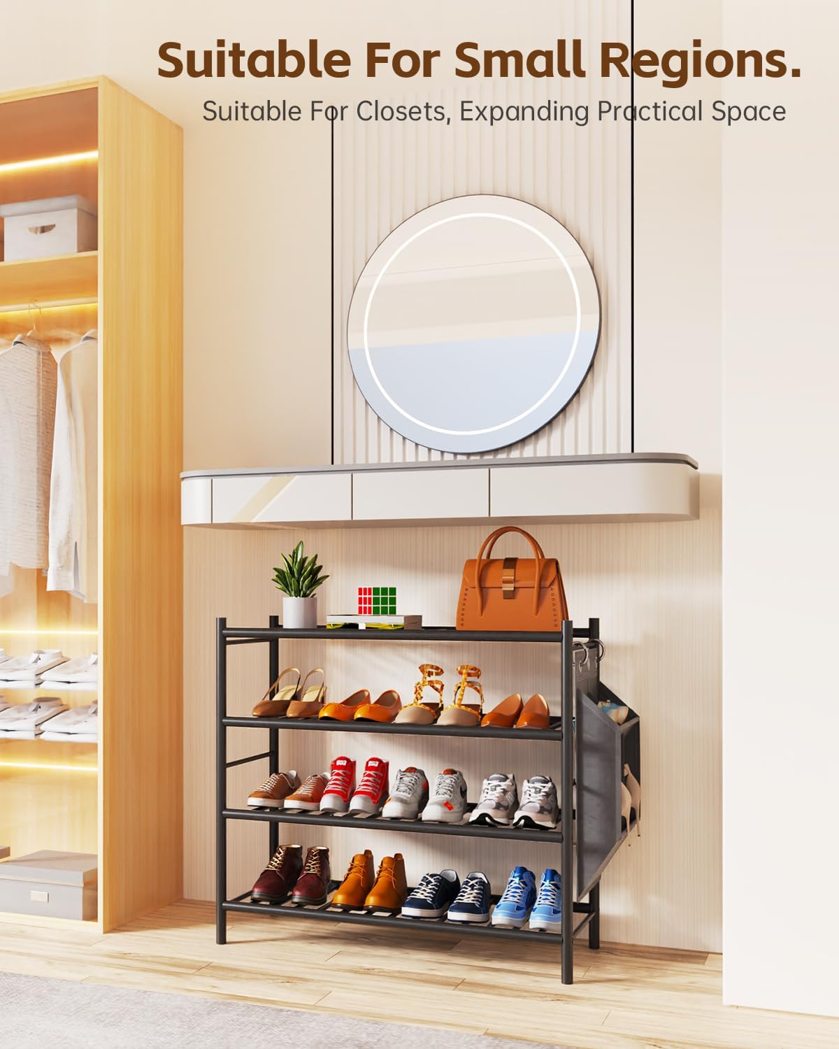 Bamboo Shoe Rack for Closet Small Wooden Shoe Organizer with Pouch, Sturdy Wood Shoe Shelf for Front Door Entrance Entryway and Outdoor, 26 inch Wide (Black, 4-Tier)