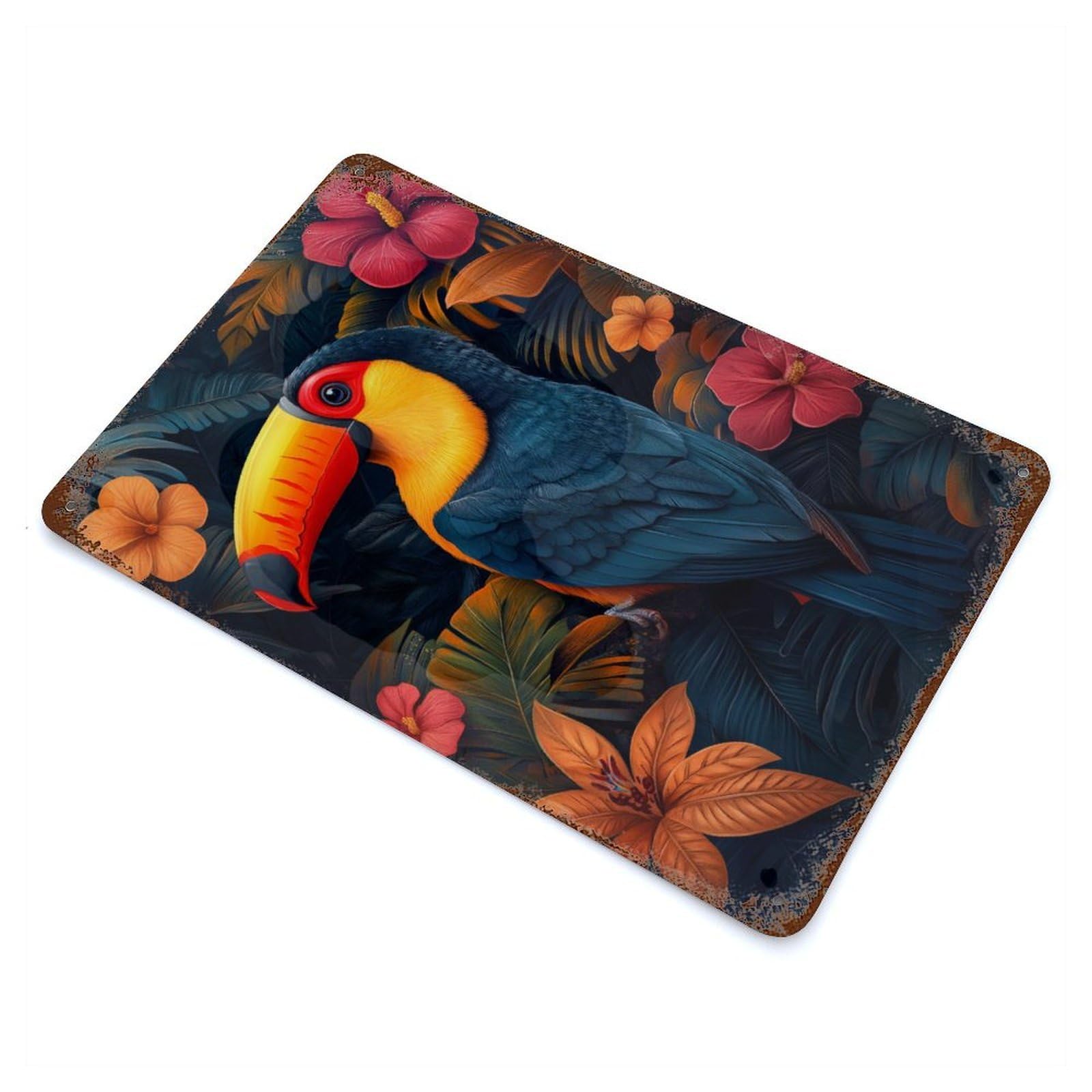 Colorful Toucan in Tropical Foliage Aged Metal Wall Plaque 11.8"x7.9", Old School Wall Decor for Garage, Pub Or Kitchen