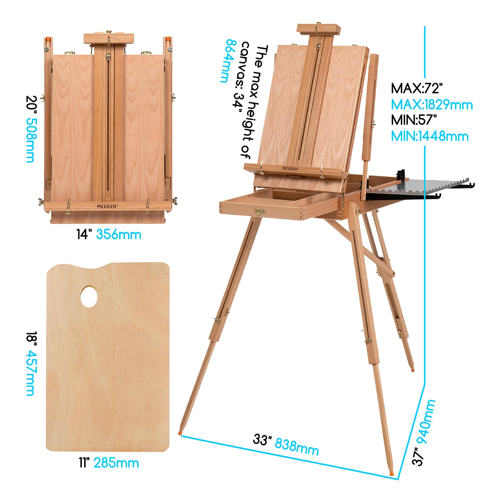 Meeden, grande cavalletto per schizzi in stile francese, pieghevole, portatile, in legno di faggio, con cassetto e tavolozza per professionisti, artisti e hobbisti, per dipingere in viaggio