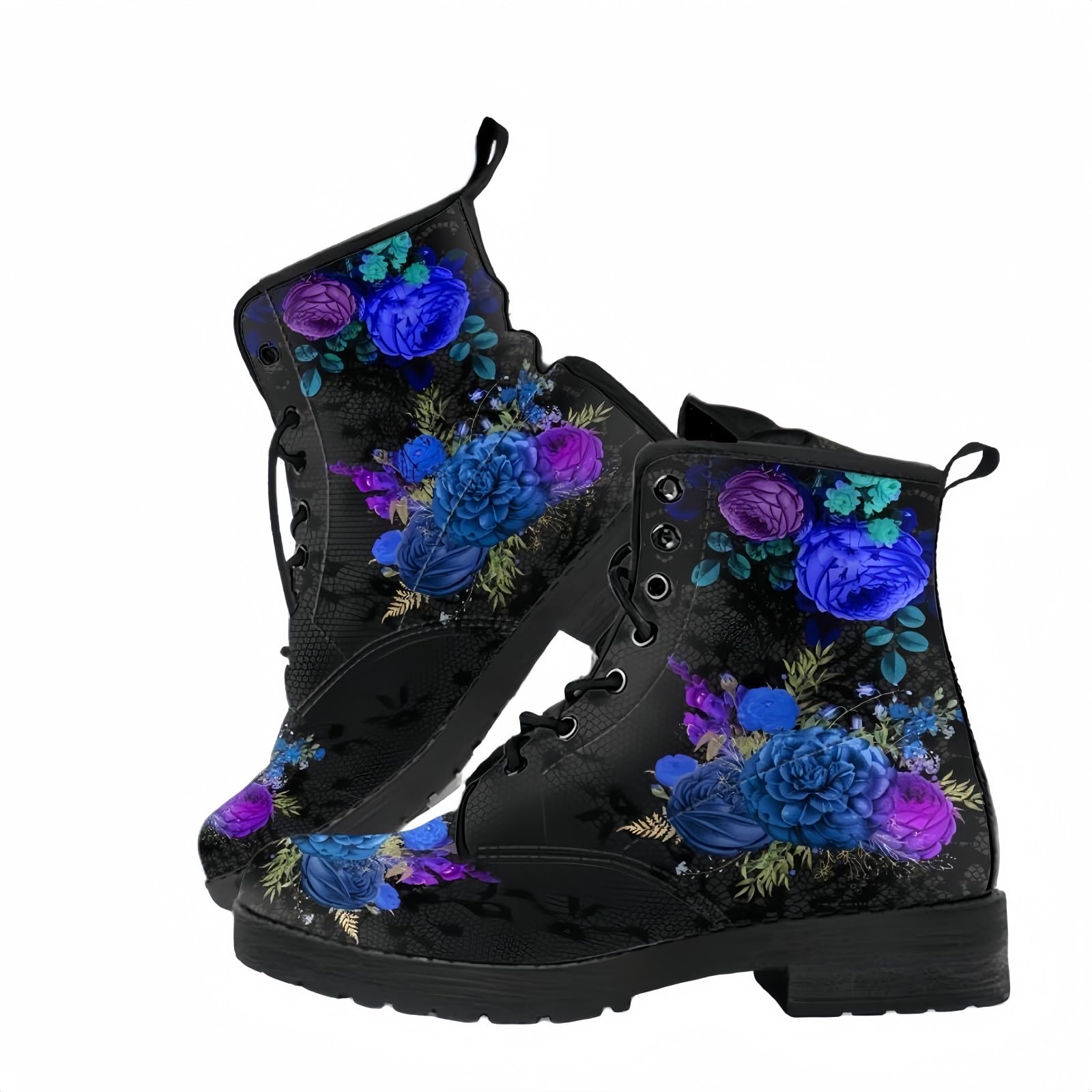 Womens Printed Short Boots Lace-up Block Heel Combat Ankle Booties for Girls Ladies Autumn and Winter Shoes Rose