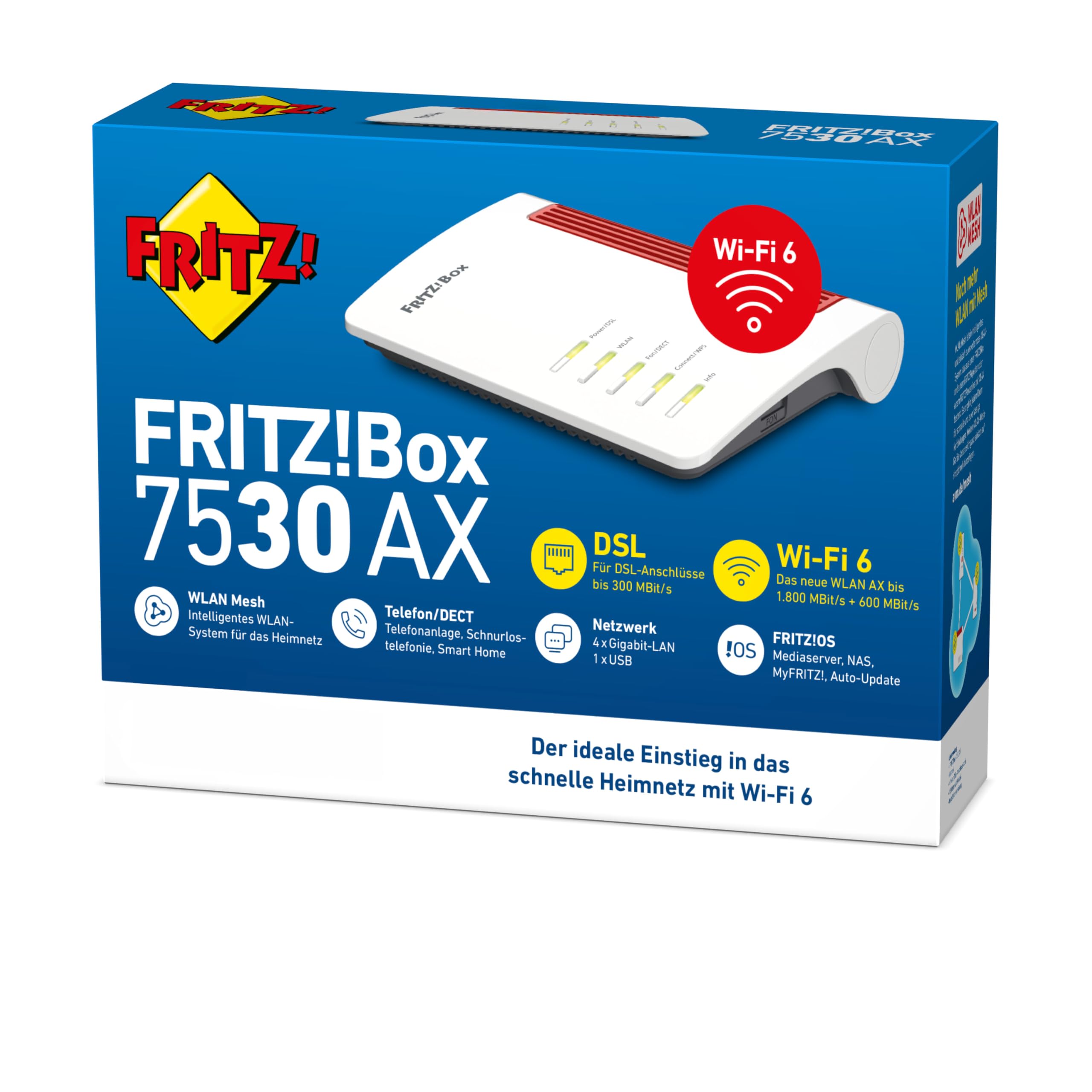 AVM FRITZ!Box 7530 AX WI-FI 6 Router (DSL/VDSL,1.800 MBit/s (5 GHz) e 600 MBit/s (2,4 GHz), fino a 300 MBit/s con Supervectoring VDSL 35b,WLAN Mesh, Base DECT, Media Server, adatto per Germania