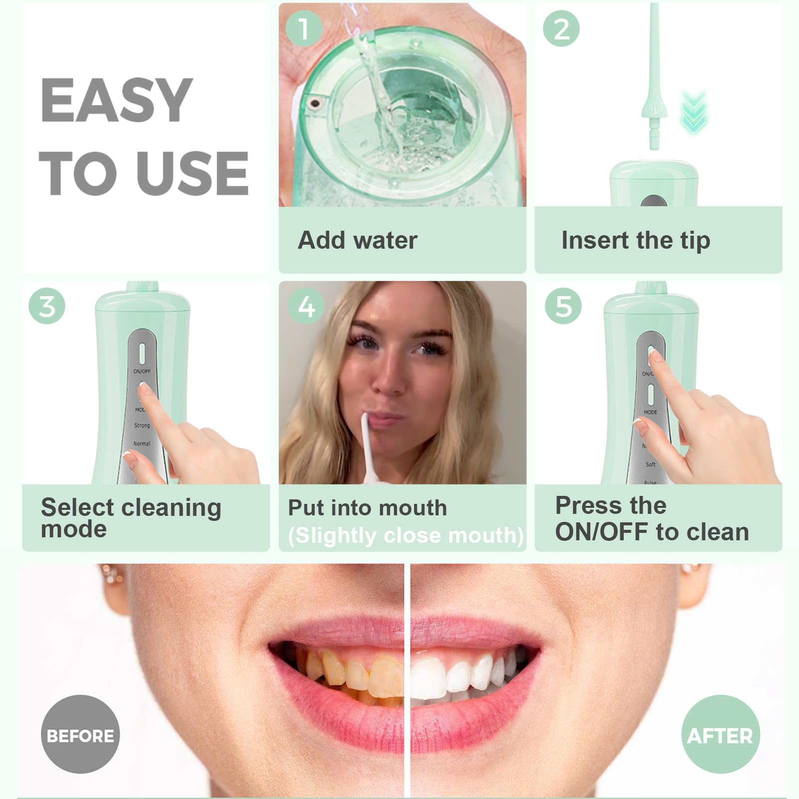 Irrigador dental de agua de 350 ml para dientes con bolsa de viaje, 5 modos, irrigador oral portátil, inalámbrico, limpiador de dientes, recargable, IPX7, impermeable, para viajes en casa