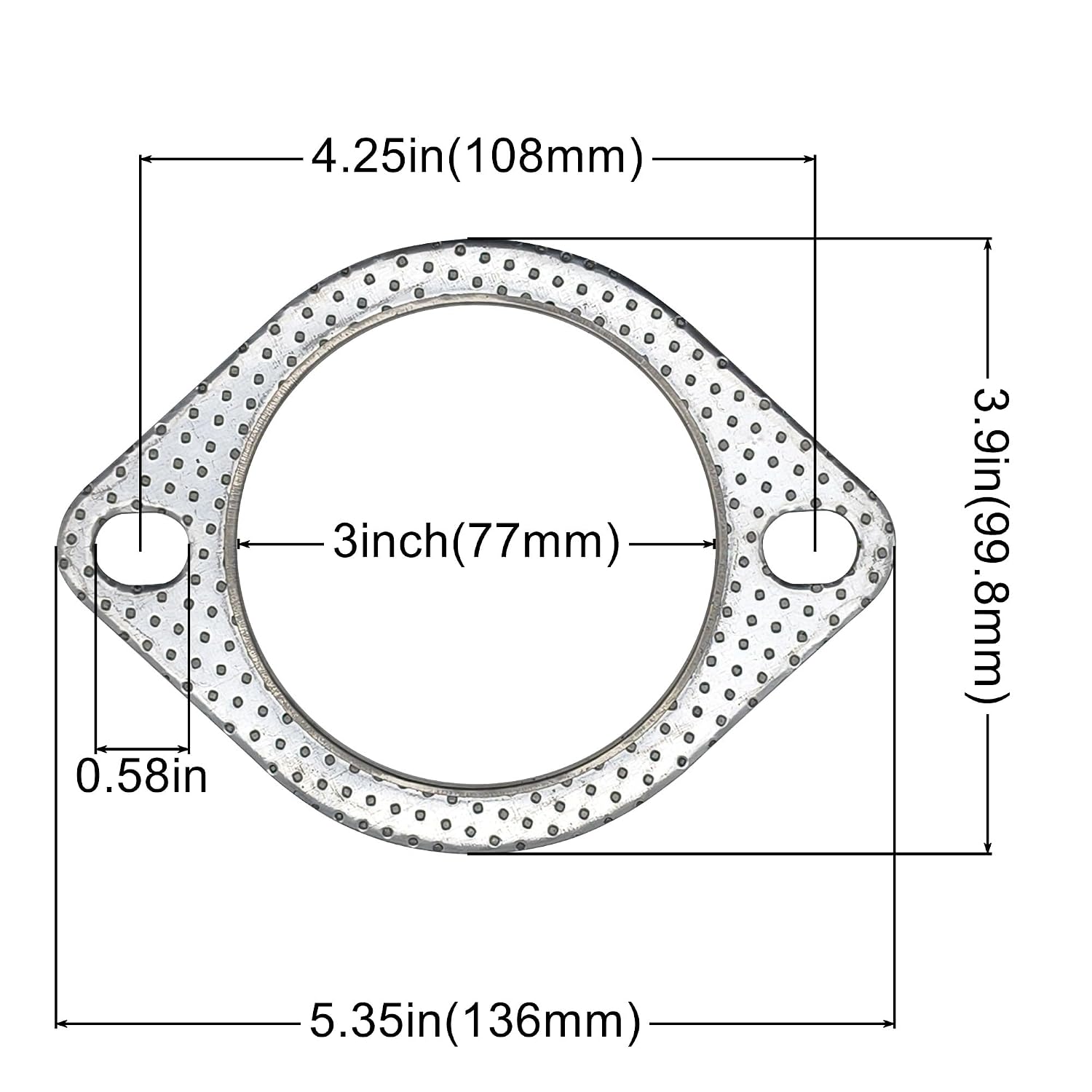 3 Inch 2 Bolt Exhaust Gasket for Muffler Flange Manifold High Temperature Graphite w/Fire Ring 77mm ID 2 Pcs