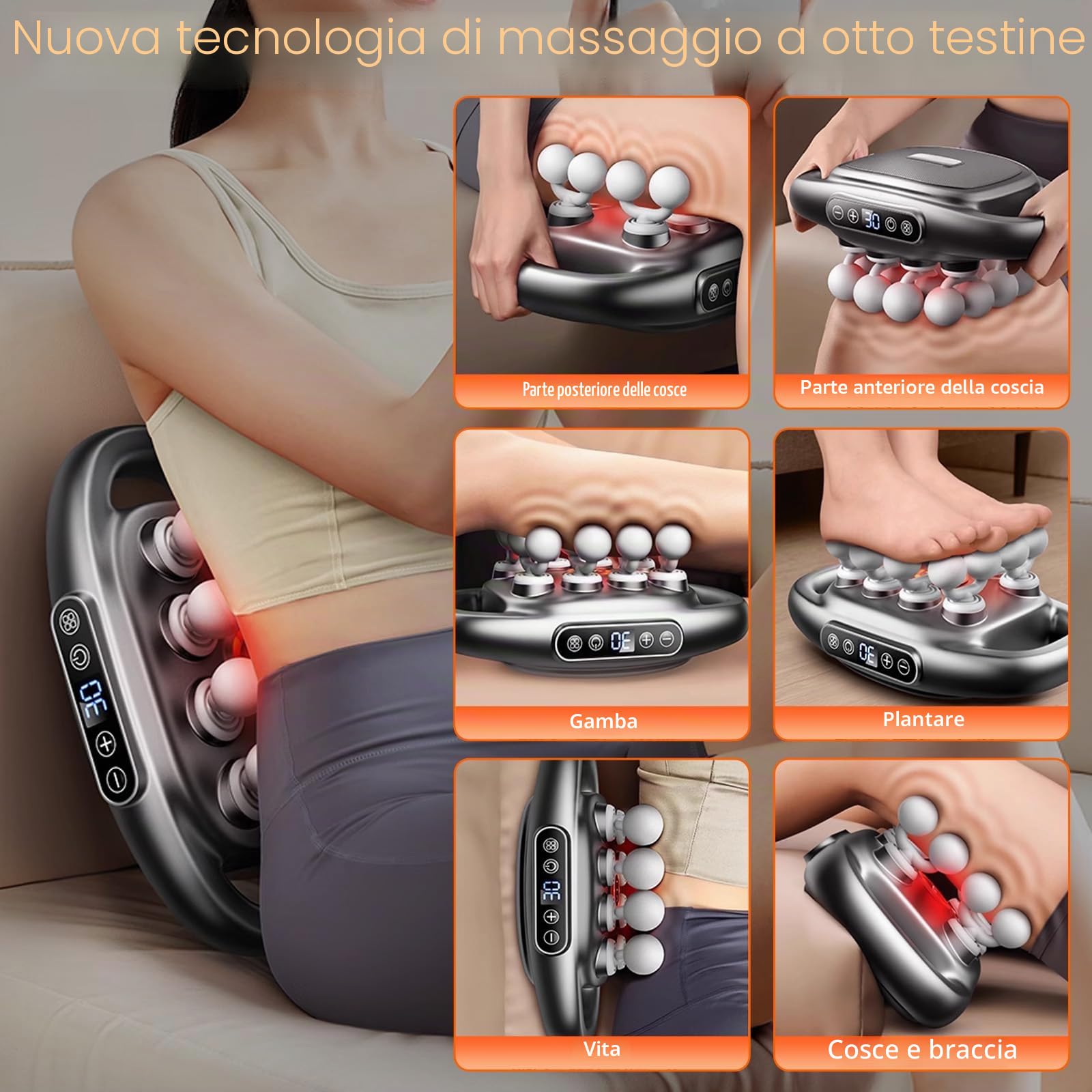 Pistola massaggiante a 16 teste per tessuti profondi - 16 unità massaggiatore con luce rossa, massaggiatore per collo a 30 livelli e 3 modalità, massaggiatore elettrico silenzioso per gambe, braccia