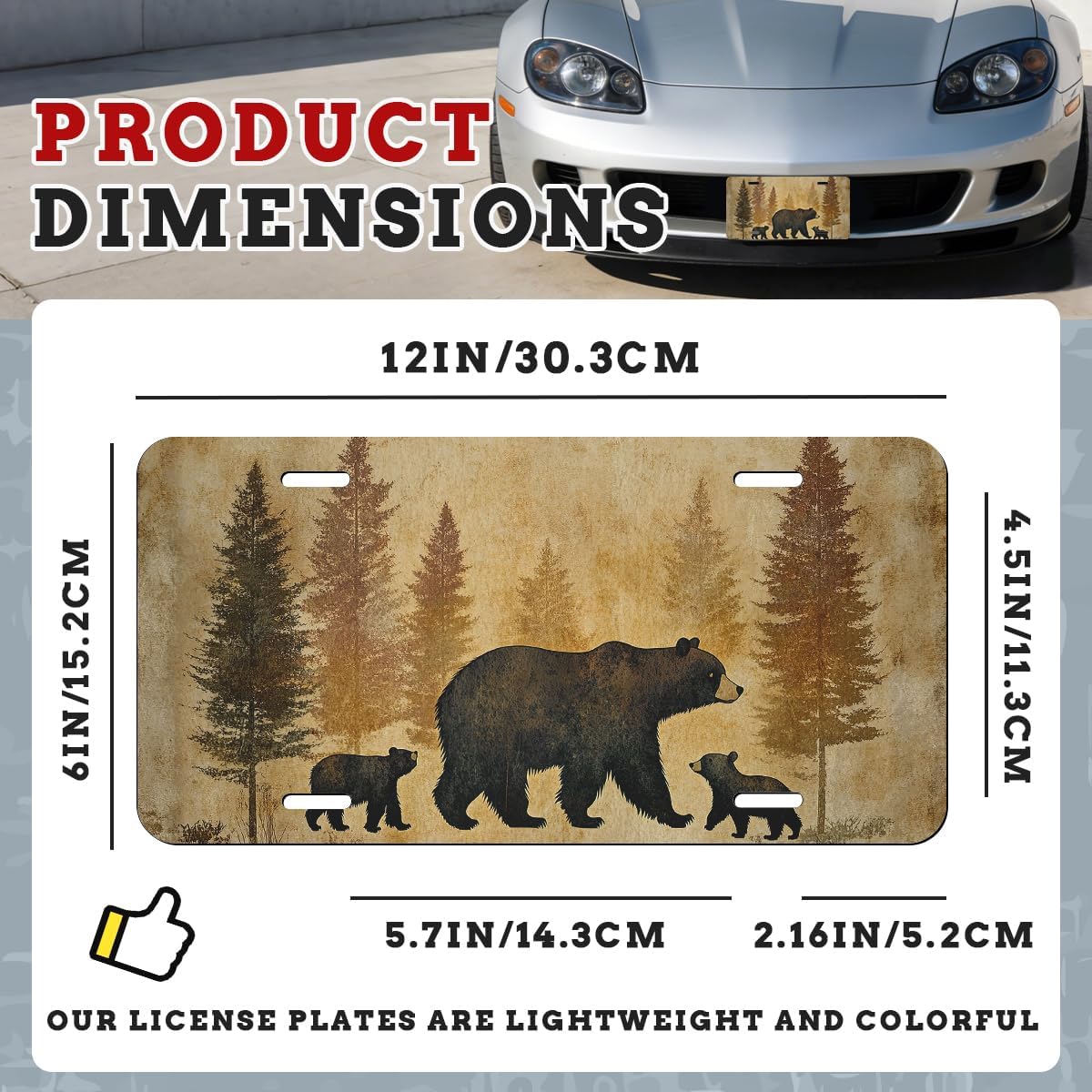 Black Bears Front License Plate Old Fashioned Fabric Pine Forest Aluminum Decorative License Plates Funny Novelty Vanity Tag Cover Car Decor Accessory with 4 Holes for Men Women 12×6 Inch image 2