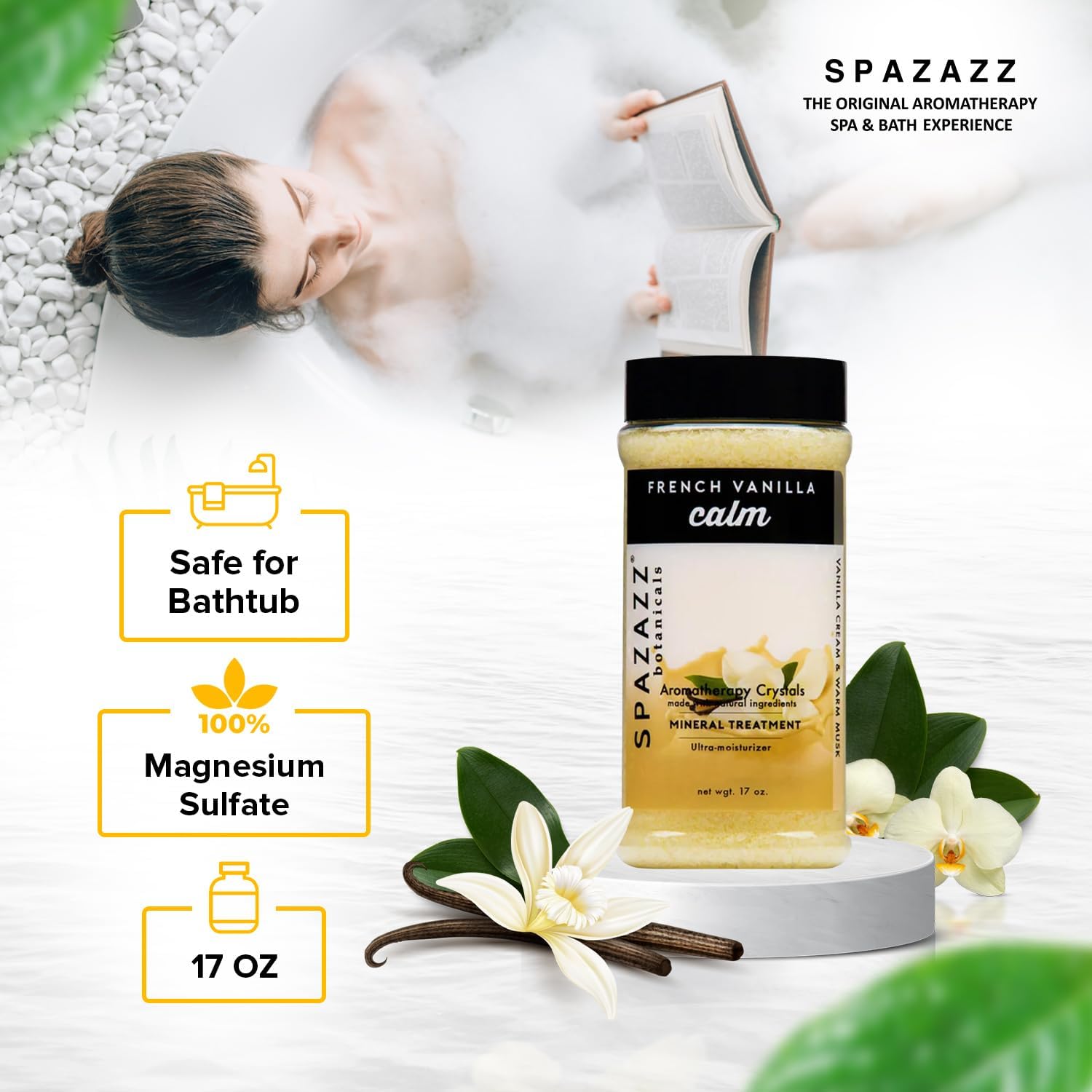 Spazazz Botanicals Aromatherapy Calm French Vanilla Spa and Bath Crystals 17 oz. Crystals and Bath Salts for Hot Tub and Bathtub Spa - Aromatherapy Scented Salts for Relaxation!