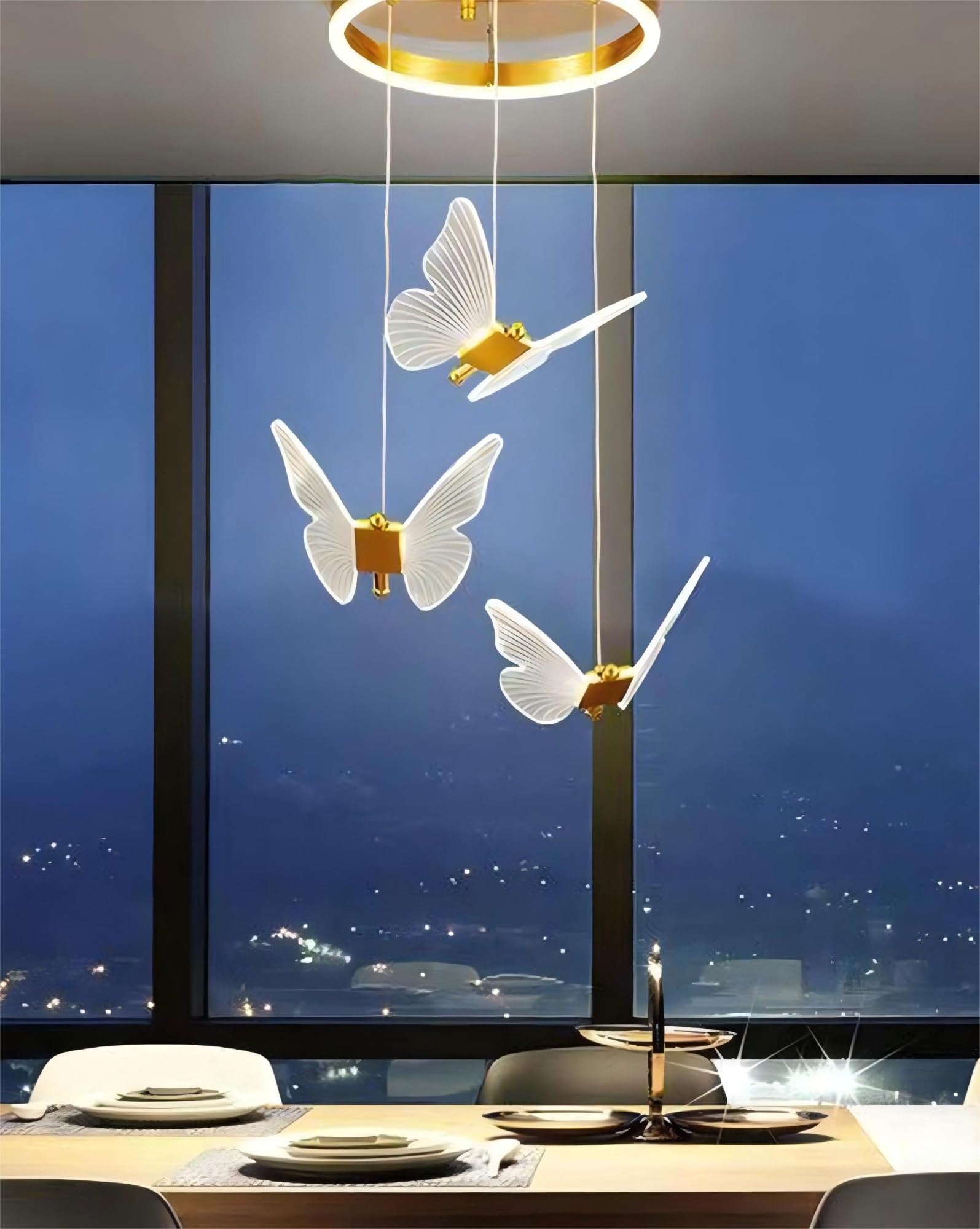 RuiRfh Chandelier LED butterfly shape decorative staircase Pendant Light height adjustable villa indoor large golden ceiling lamp dimmable suitable for living room restaurant hotel bar Hanging Lamp(Wa