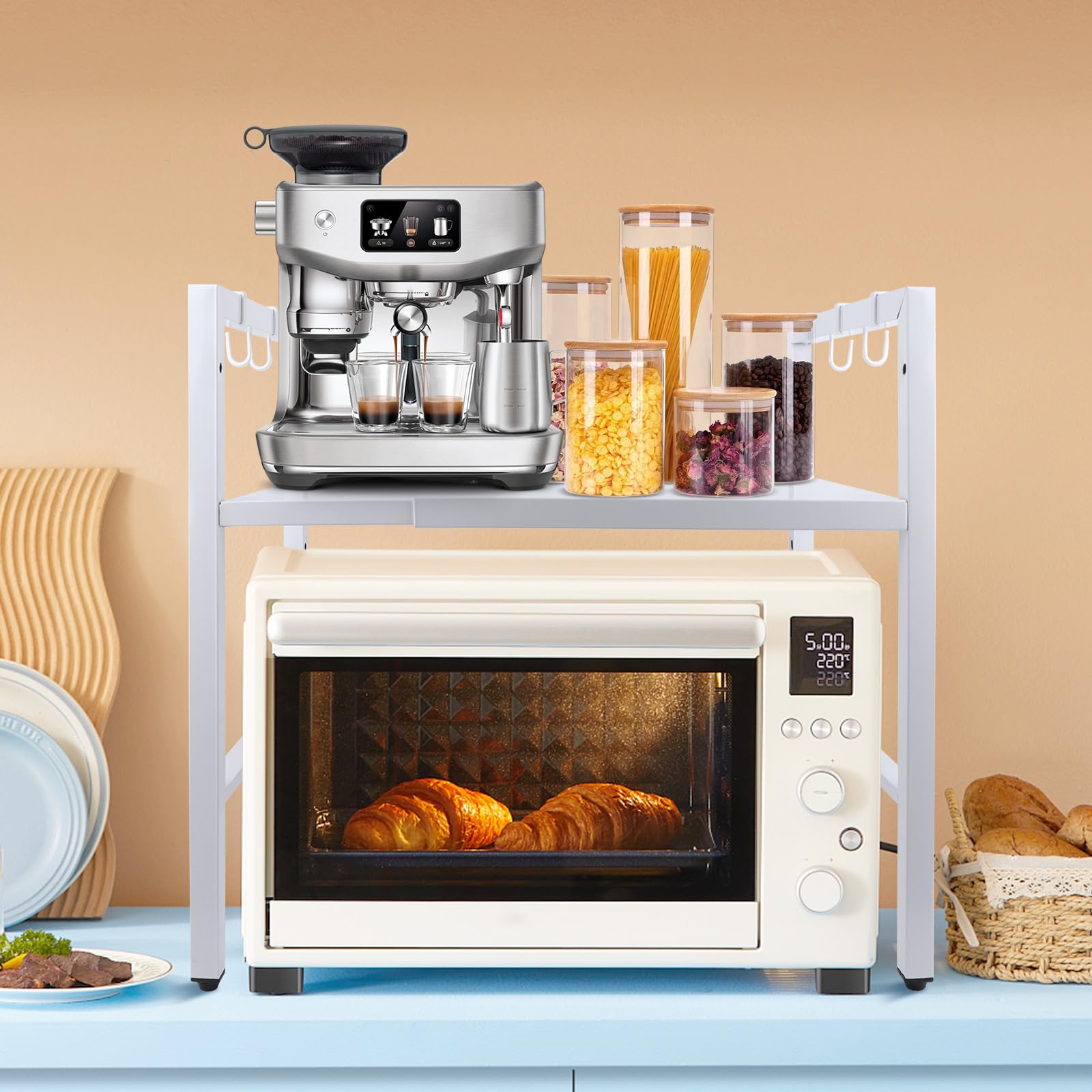 MXTIMWAN Ripiano Espandibile per Microonde, Mensola Microonde Estensibile, Supporto Estensibile per Forno a Microonde 2 Livelli, Supporto per Microonde con 6 Ganci, 40-64cm