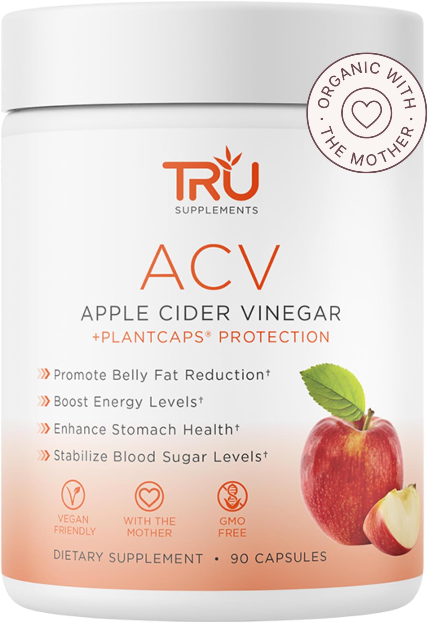 TRU Supplements ACV, Apple Cider Vinegar, Organic ACV with The Mother, Improves Digestion and Skin Health, 45 Servings, 1000mg