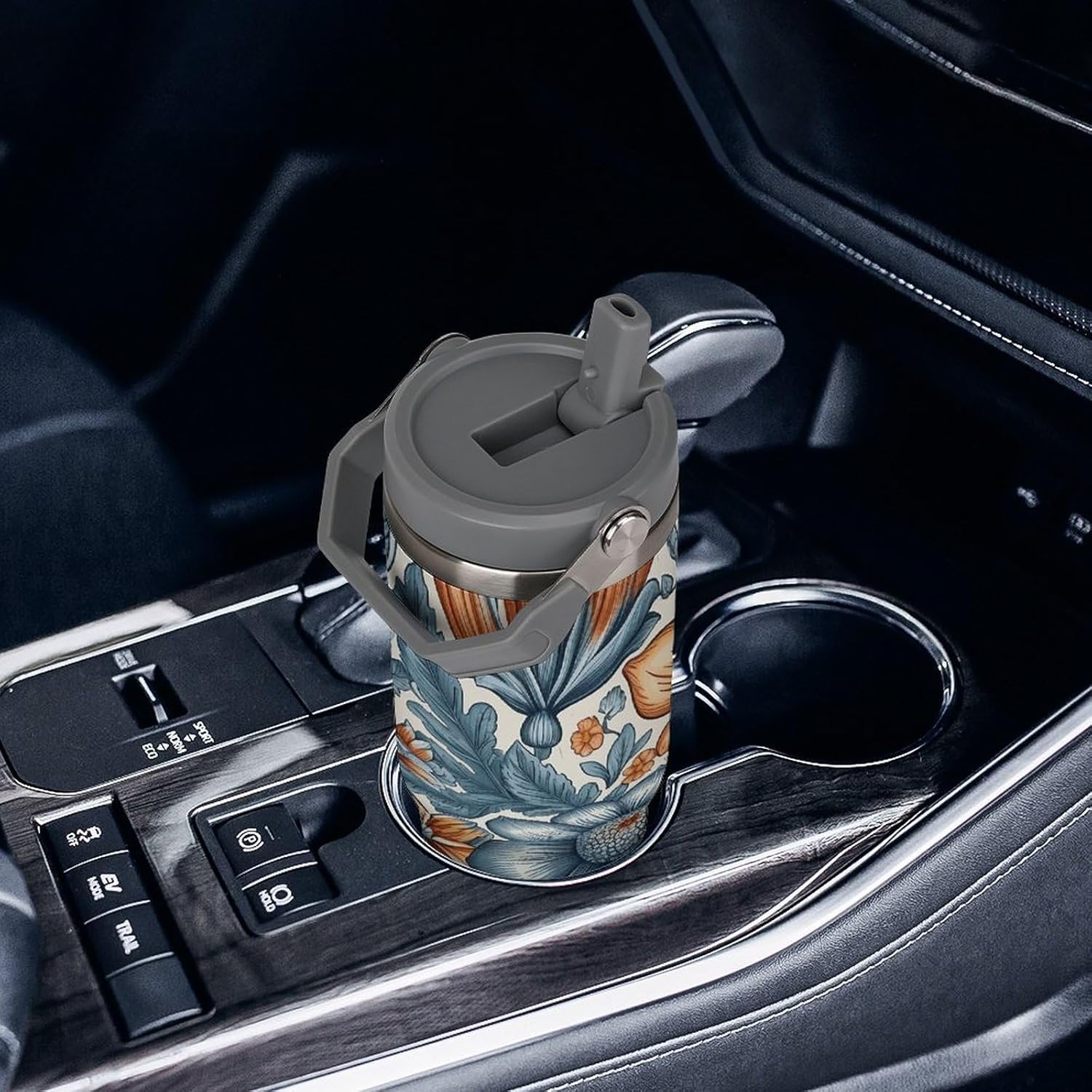 30oz Insulated Tumblers with Top Handle, Stainless Steel Blue And Orange Flowers Car Cup with Straw for Gift, Leak-Proof Double Wall Vacuum Travel Mug, Personalized Water Bottles White