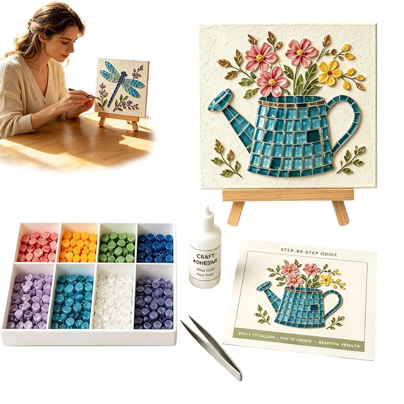 Cottage Garden Mosaic DIY Kit, Watering Can Mosaic Art Kit for Adults & Beginners, Relaxing Craft Hobby Set Includes Vibrant Beads, Glue, Tweezers & Display Easel, Home Table Decor Gift
