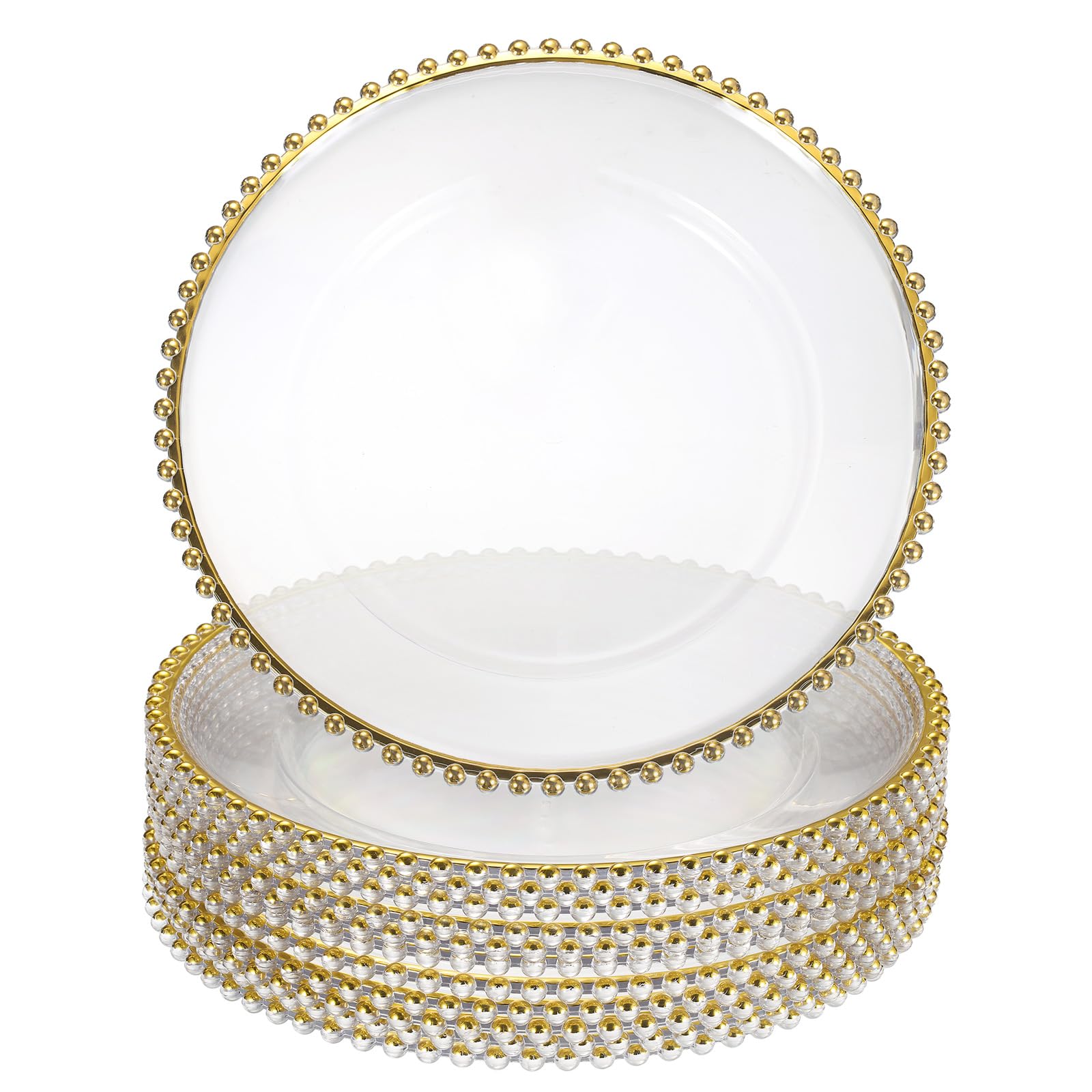 sourcing map Lot de 12 assiettes de présentation rondes en plastique transparent de 33 cm avec bordure perlée pour fête de mariage, événement, décoration de table, doré