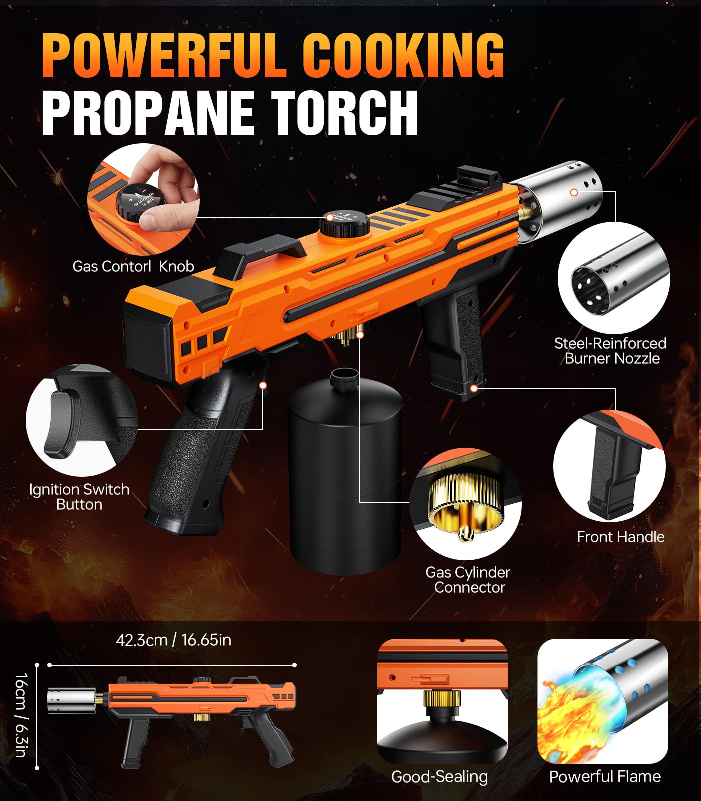 Quemador de flambeo multifuncional, quemador de cocina y encendedor de hoguera, quemador ajustable para freír carne, asar a la parrilla, naranja (tanque de propano no incluido)