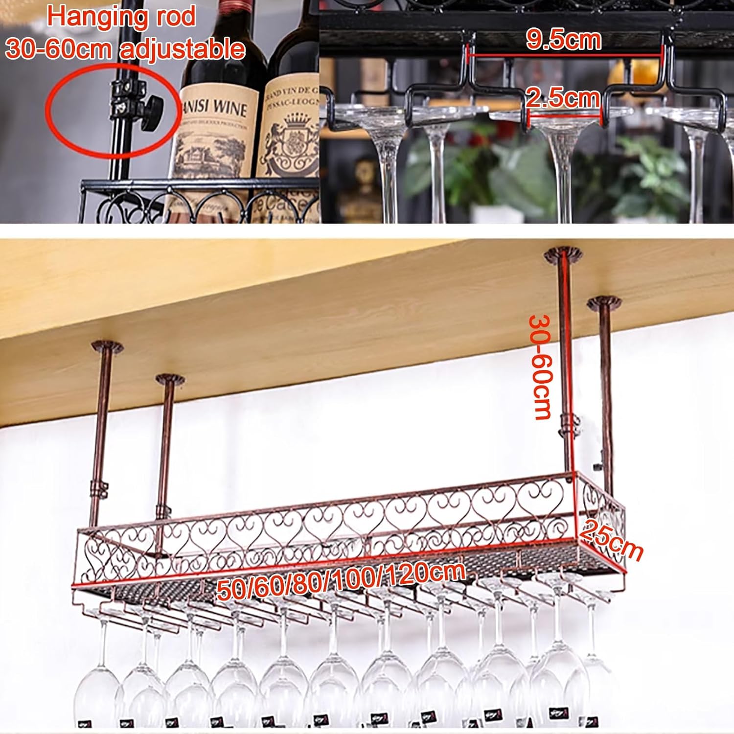 Adjustable Hanging Wine Glass Rack Upside Down Wine Holder Shelf for Home Bar Kitchen Coffee Decor Ceiling Mounted Goblet Storage