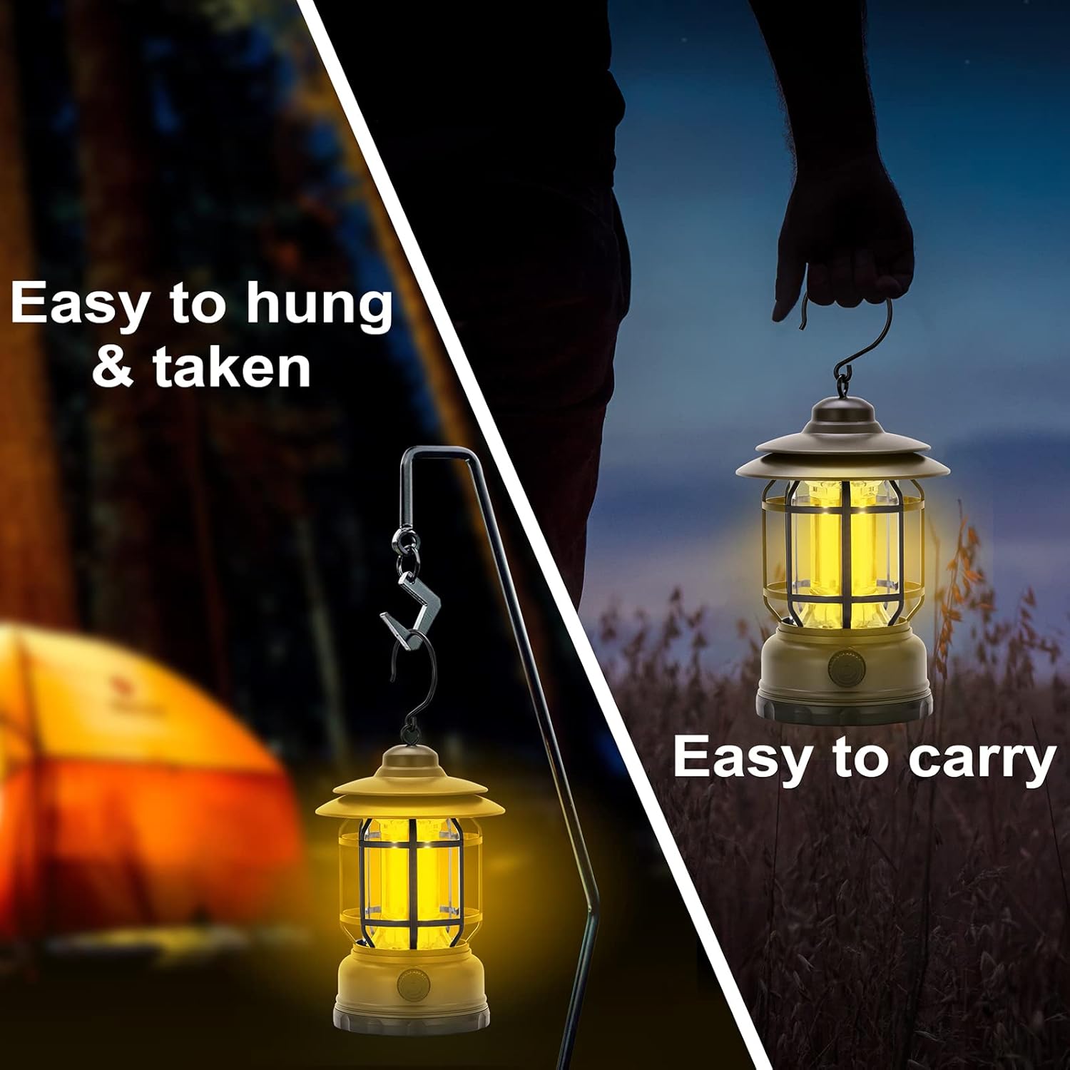 Rechargeable Portable LED Camping Lanterns, Vintage Style Tabletop Lantern, Stepless Dimming, Waterproof IP44, Green, 2 Pack for Camping, Hanging Tent Light, and Power Outages