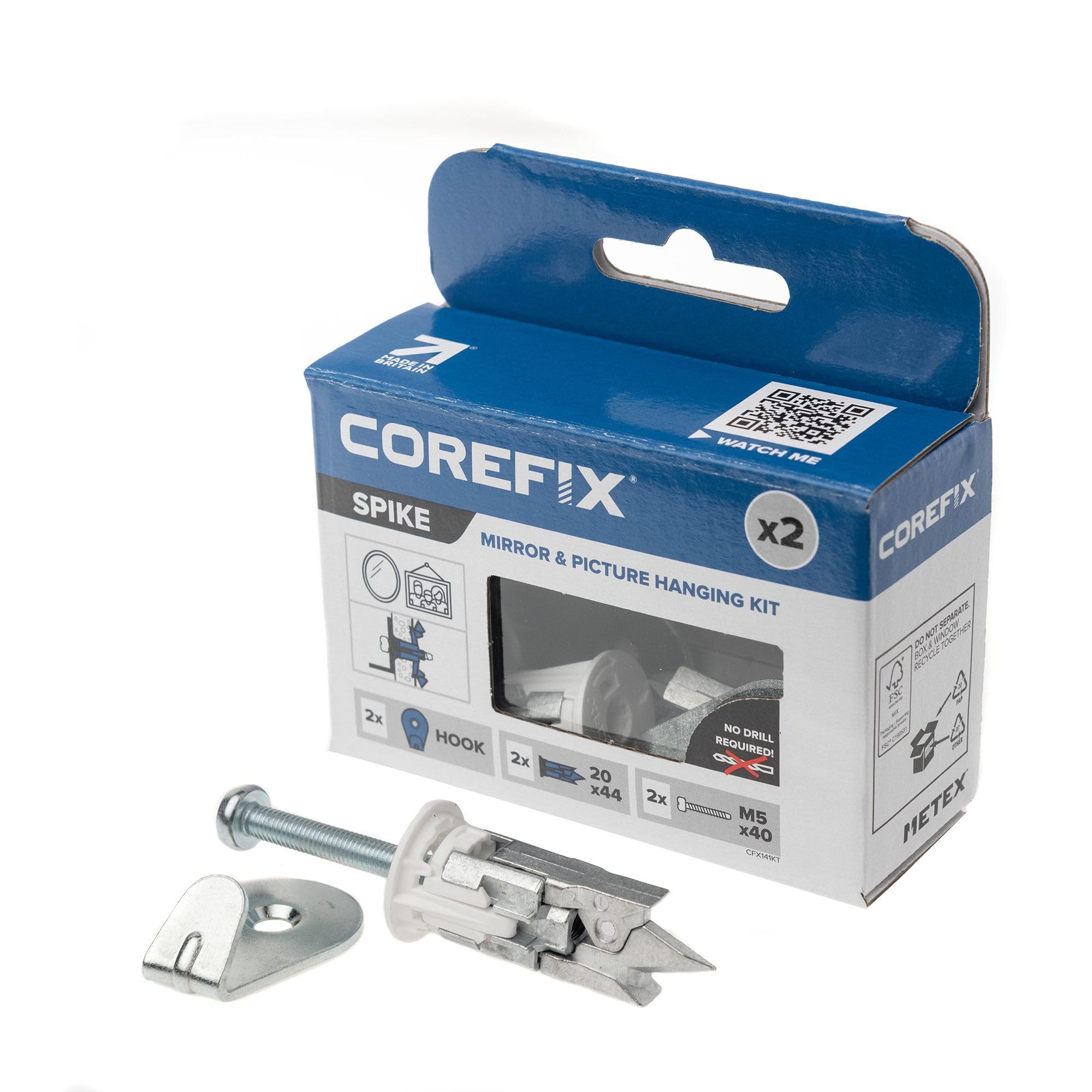 Corefix White Spike Mirror/Picture Hanging Kit Pack Of 2 - Heavy Duty Plasterboard Fixings With Hooks For Hanging Mirrors Pictures Or Canvas. Easy To Install With No Drill Required.