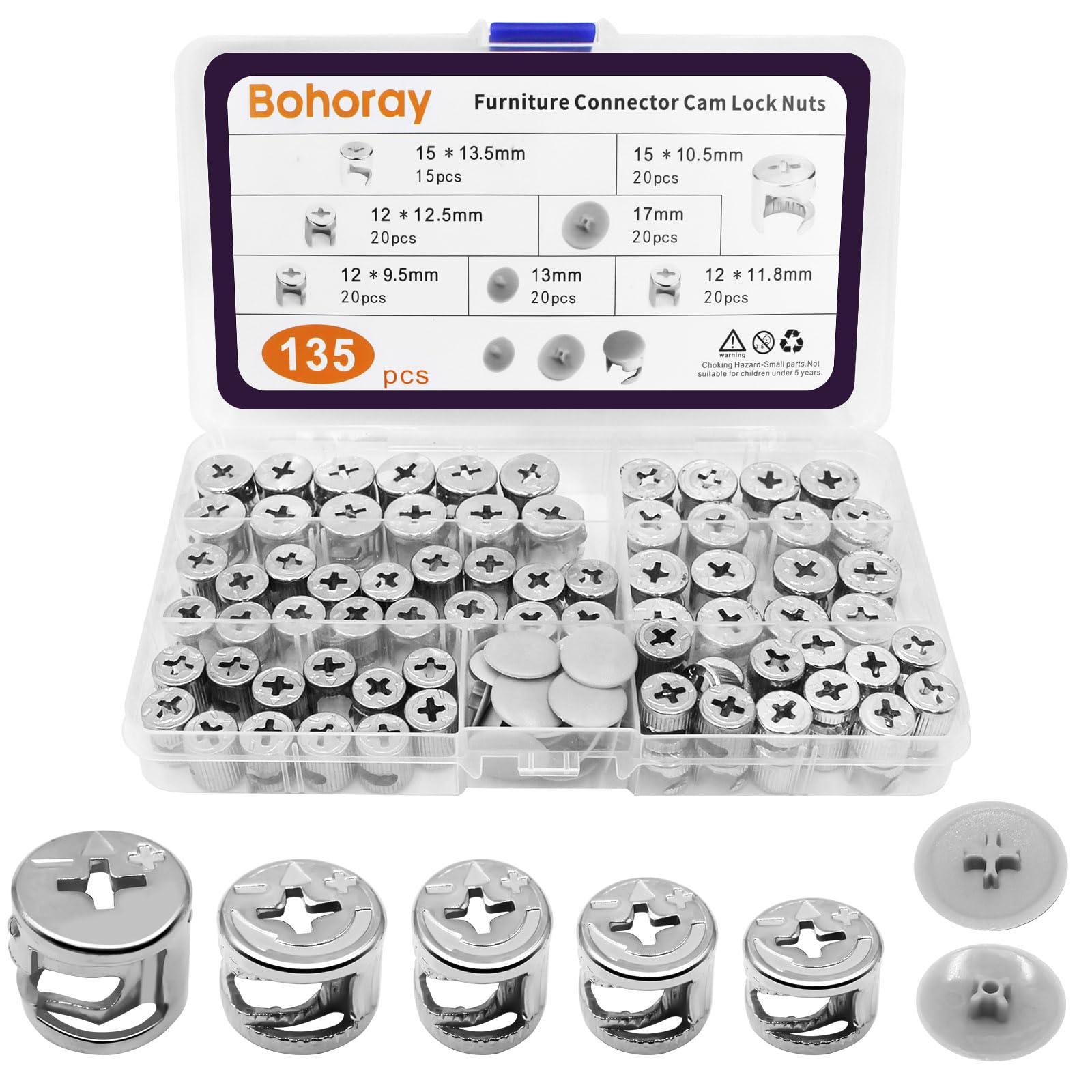 Bohoray 135pcs Cam Lock Fittings, 5 Sizes Furniture Cam Lock Fasteners, Furniture Connecter cam lock Nuts with 2 Types Outer Cover, Screw Eccentric Fasteners for Cabinet Drawer Wardrobe Panel