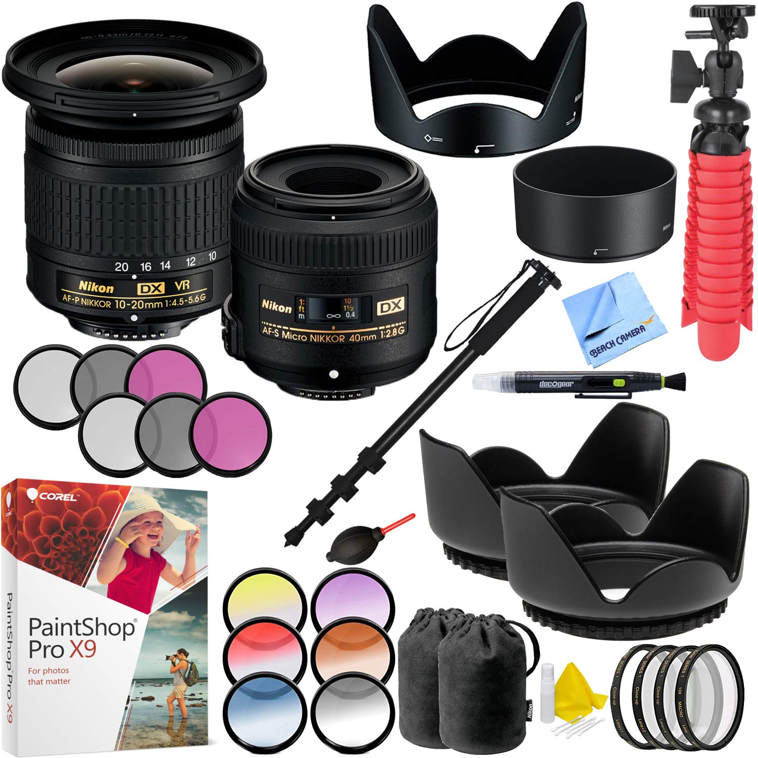 Nikon 13534 Landscape and Macro Two Lens Kit with AF-P DX 10-20mm VR & AF-S DX 40mm Lens Bundle with Monopod, 52mm Filter Sets, 72mm Filter Kit, Paintshop Pro 2018 and Accessories (8 Items)