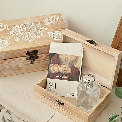 Miniatura 8 de Juego de 2 cajas de madera tallada con mandala, cajas de almacenamiento decorativas rústicas con pestillo de metal, cajas de recuerdo hechas a mano